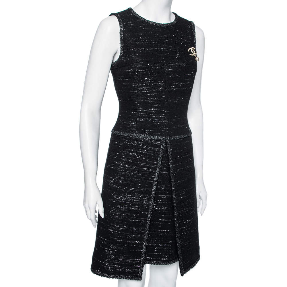 Chanel Black Lurex Tweed Broach Detailed Sleeveless Dress M