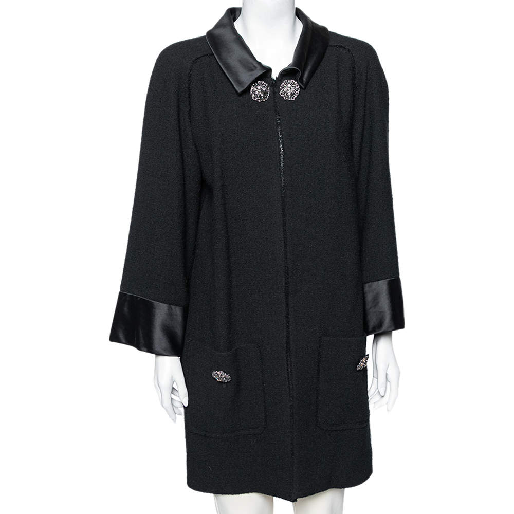 Chanel Black Wool & Satin Trimmed Pocketed Cape Coat L