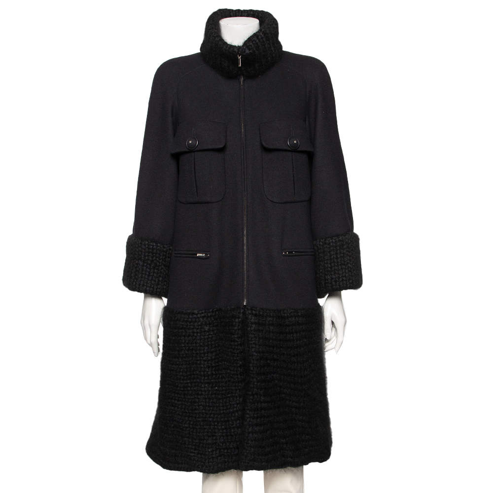 Pre Owned Chanel Black Wool & Mohair Zip Front Coat S