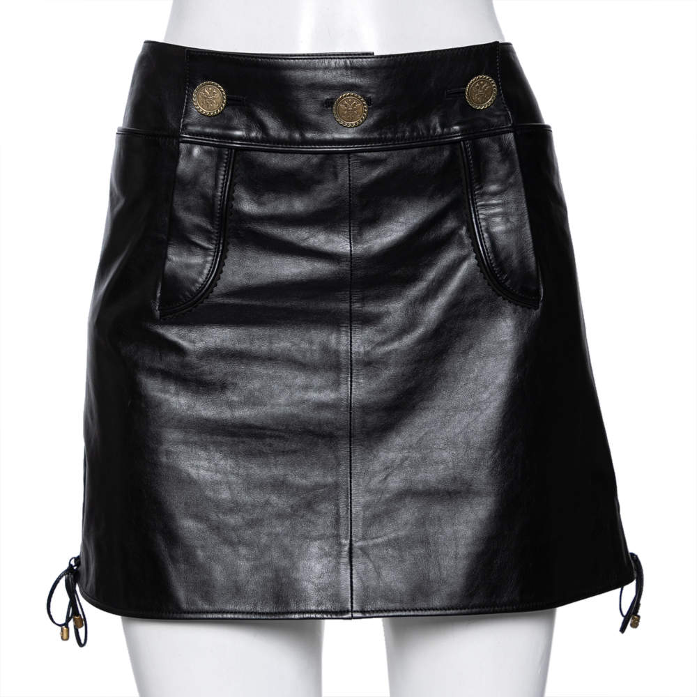 Pre Owned Chanel Black Leather Lace Up Detailed Short Skirt M