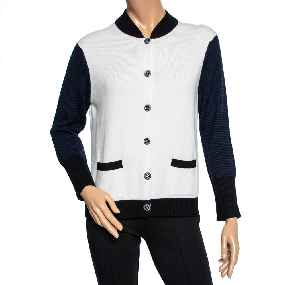 Chanel White Cashmere Button Front Long Sleeve Knitwear M
