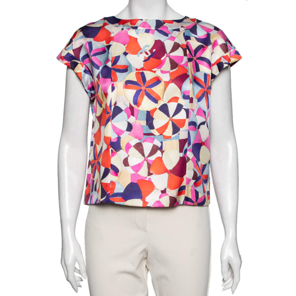 Pre Owned Chanel Multicolor Floral Printed Silk Button Front Blouse M