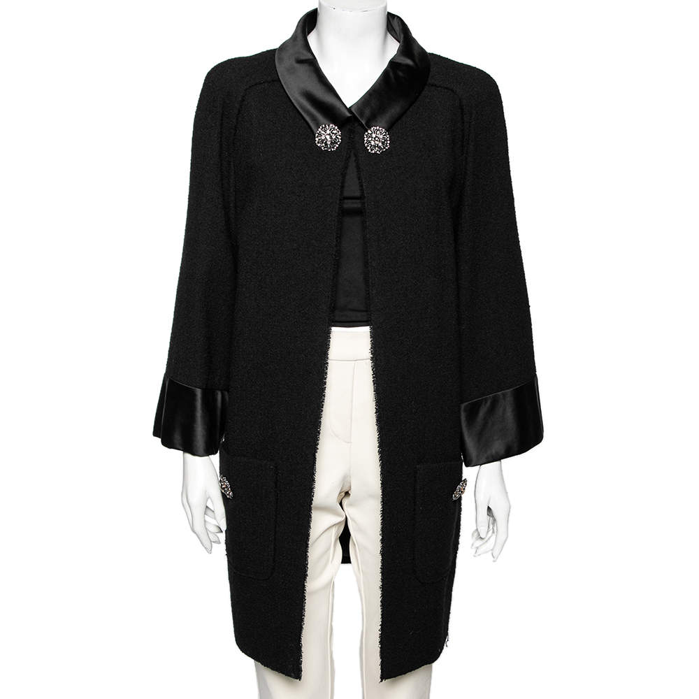 Pre Owned Chanel Black Textured Wool & Satin Trimmed Cape Coat M