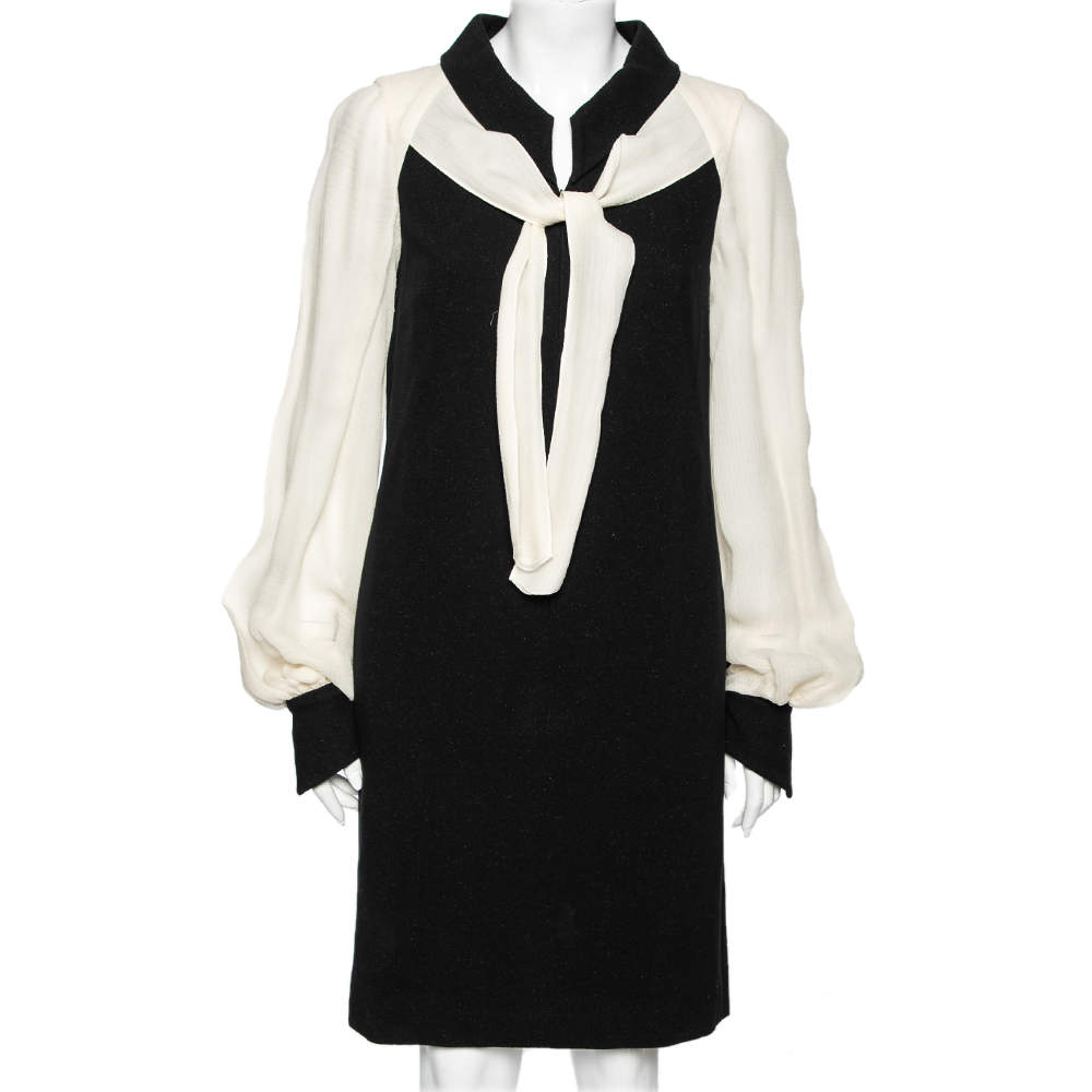 Chanel Black Cotton & Silk Inset Neck Tie Detailed Dress M