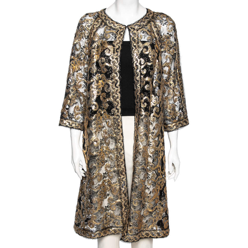 Chanel Gold & Black Embroidered Mohair Open Front Lightweight Coat M 