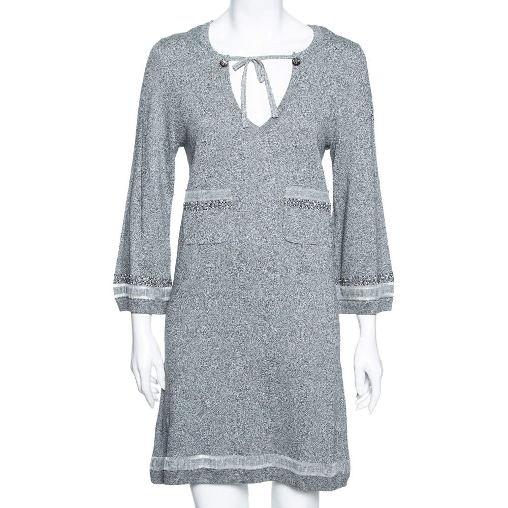 Chanel Grey Knit Embellished Detail V-Neck Dress M 