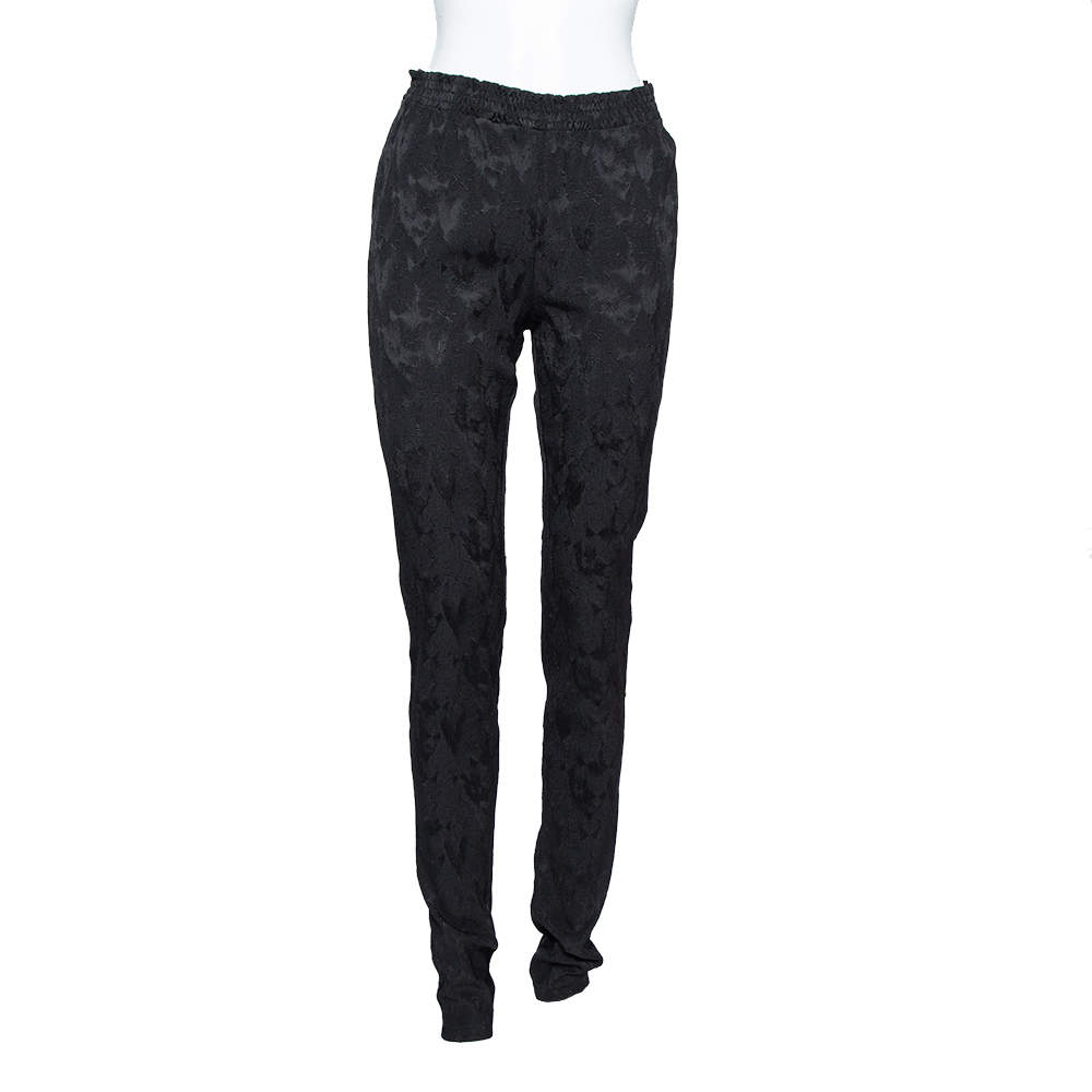 Pre Owned Chanel Black Patterned Silk Elastic Waist Pants M