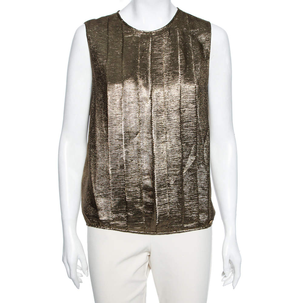 Chanel Gold Lurex Silk Pleated Sleeveless Top M
