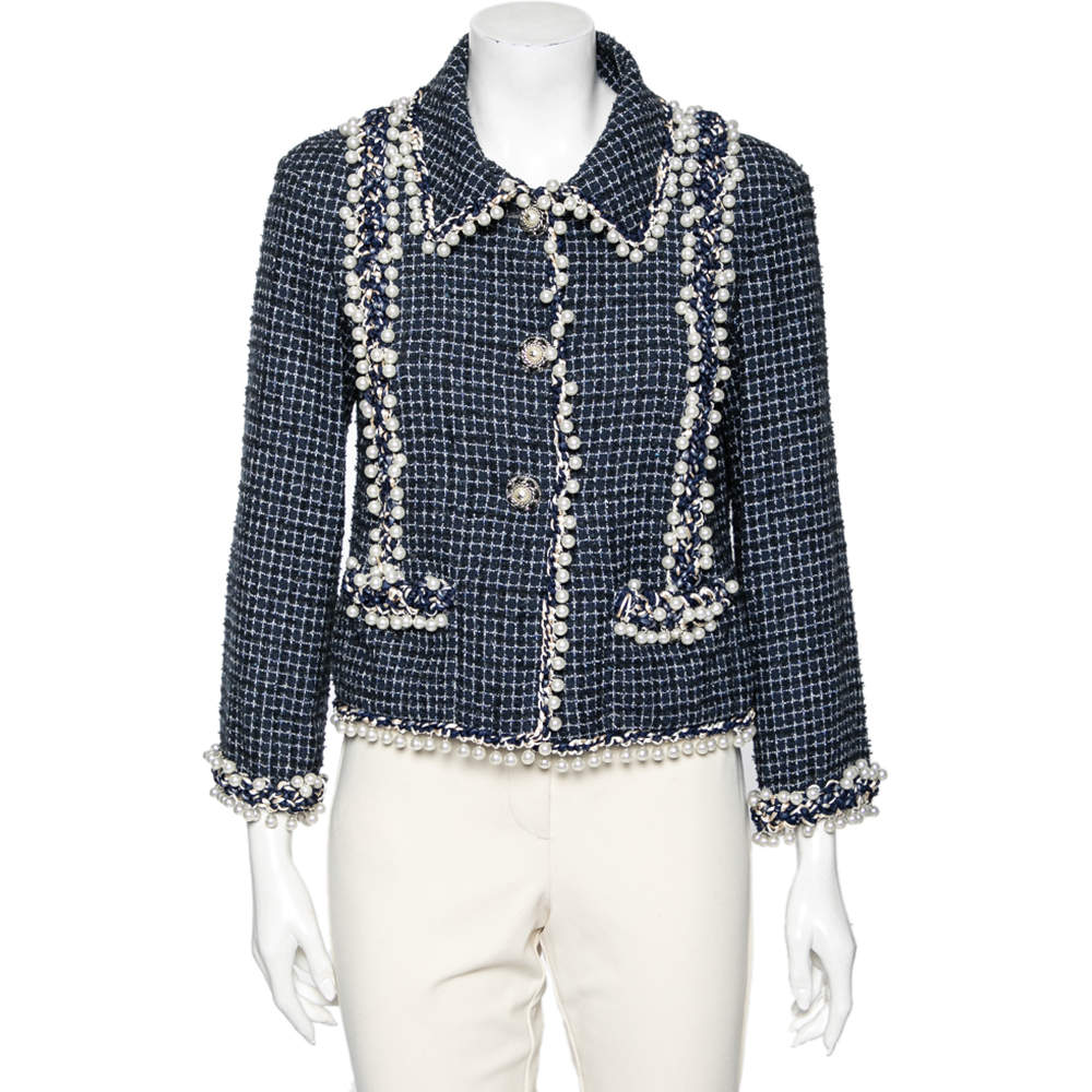 Chanel Blue Tweed Pearl Embellished Button Front Jacket M Chanel | The ...