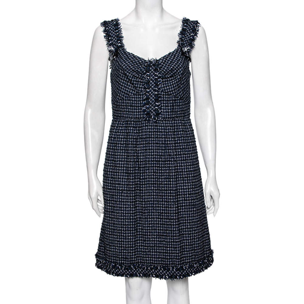 Pre Owned Chanel Navy Blue Tweed Fringe Edged Sleeveless Dress M 