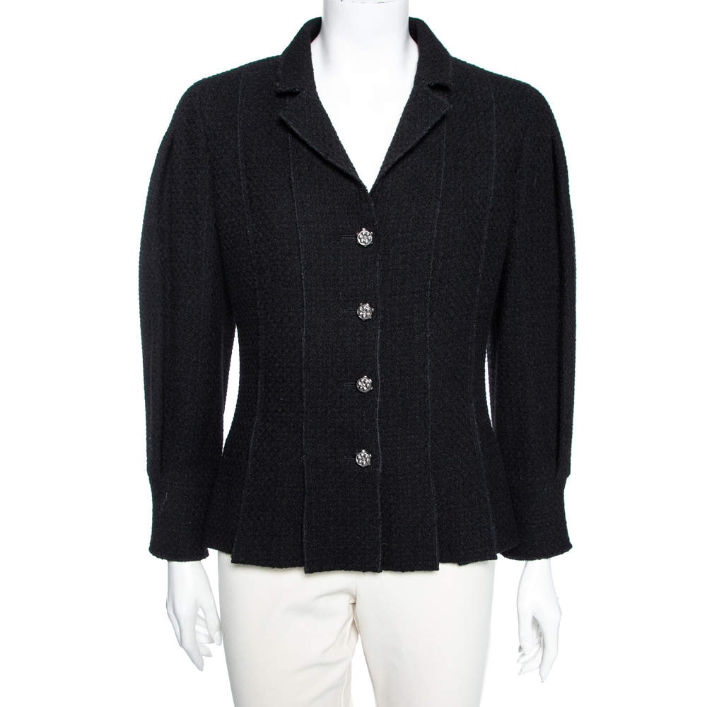 Chanel Black Wool Flared Hem Detailed Button Front Jacket M 