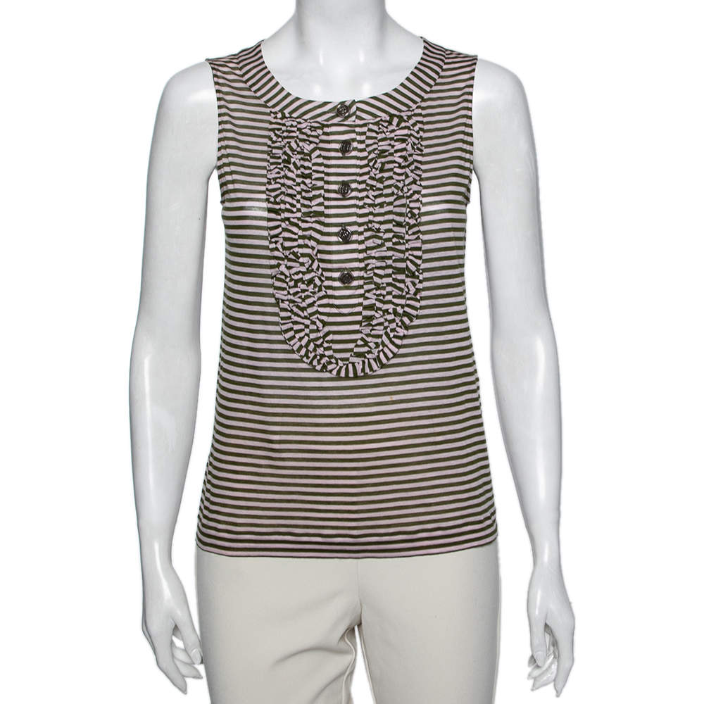 مملوكة مسبقًا تانك توب شانيل قطن مخطط وردي وأخضر بحواف مكشكشة مقاس متوسط - ميديوم