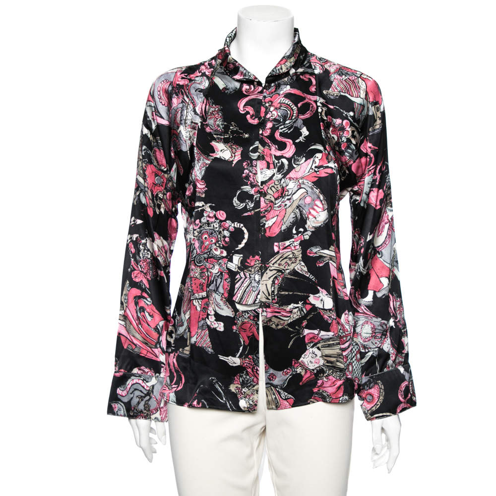 Pre Owned Chanel Black & Pink Printed Satin Silk Button Front Shirt M