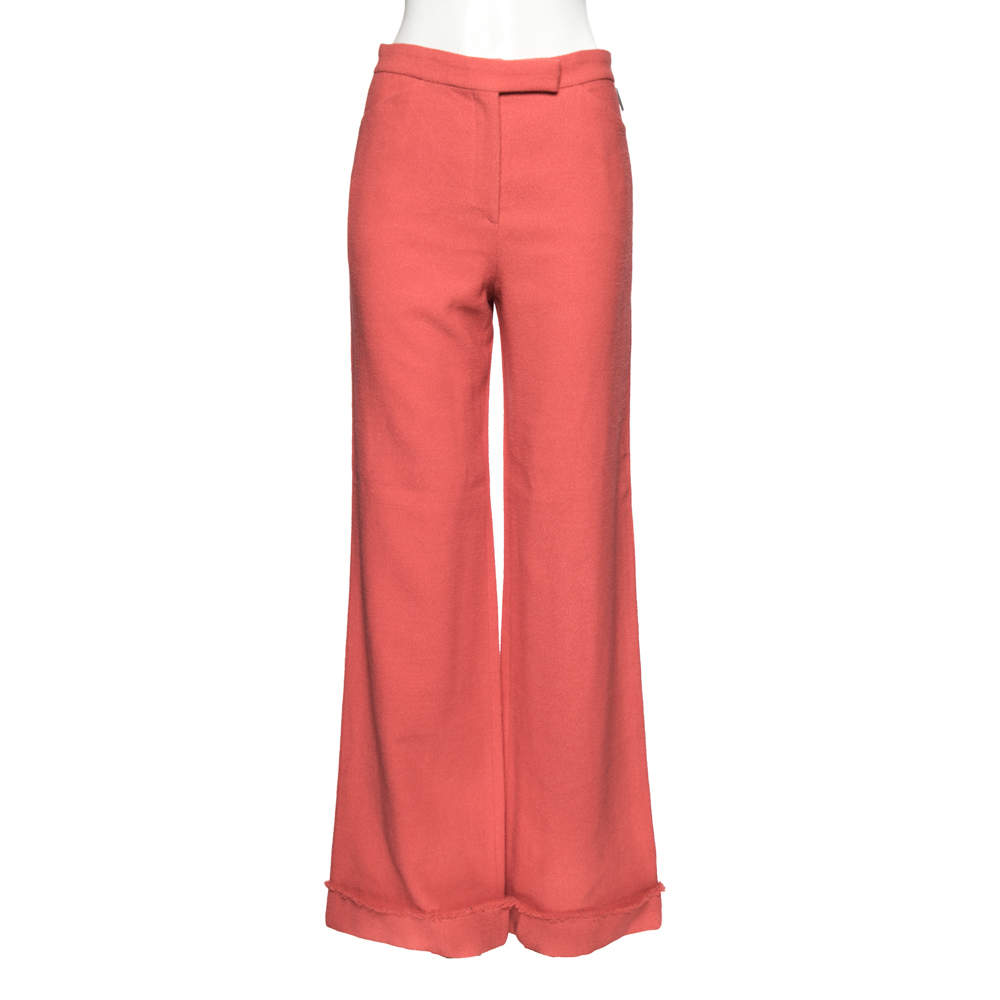 Chanel Pink Textured Wool Fringed Hem Detail Pants M 