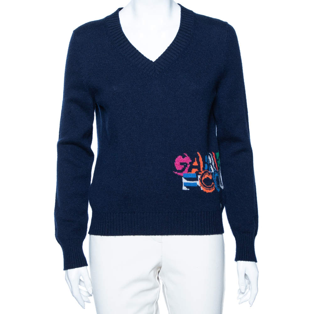 Chanel Navy Blue Logo Intarsia Knit V-Neck Sweater M