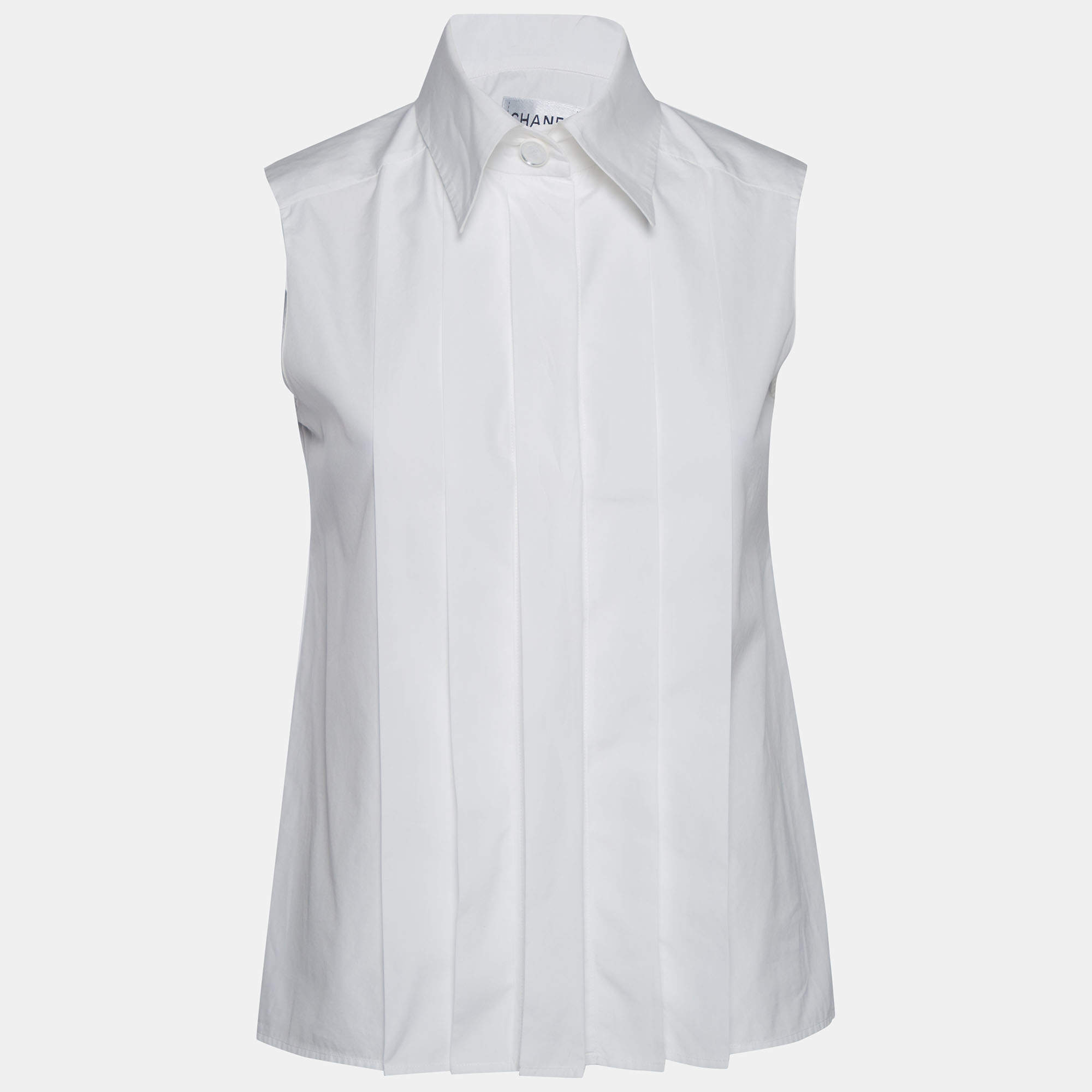 Pre Owned Chanel White Cotton Button Front Sleeveless Shirt S