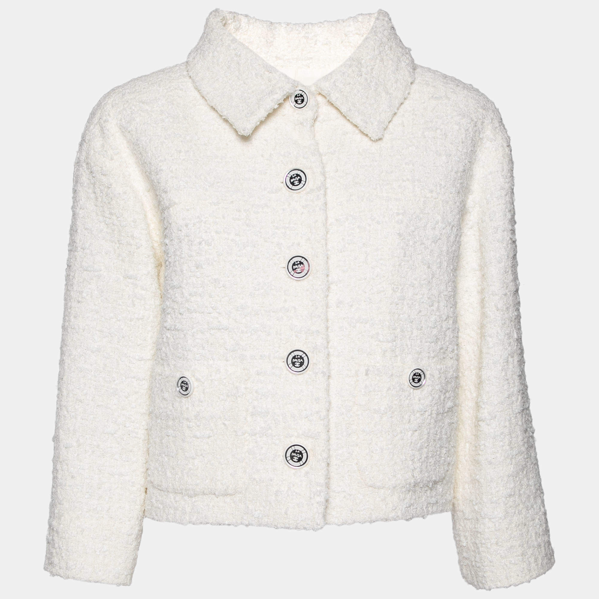 Chanel Ivory Tweed Pocketed Button Front Jacket L