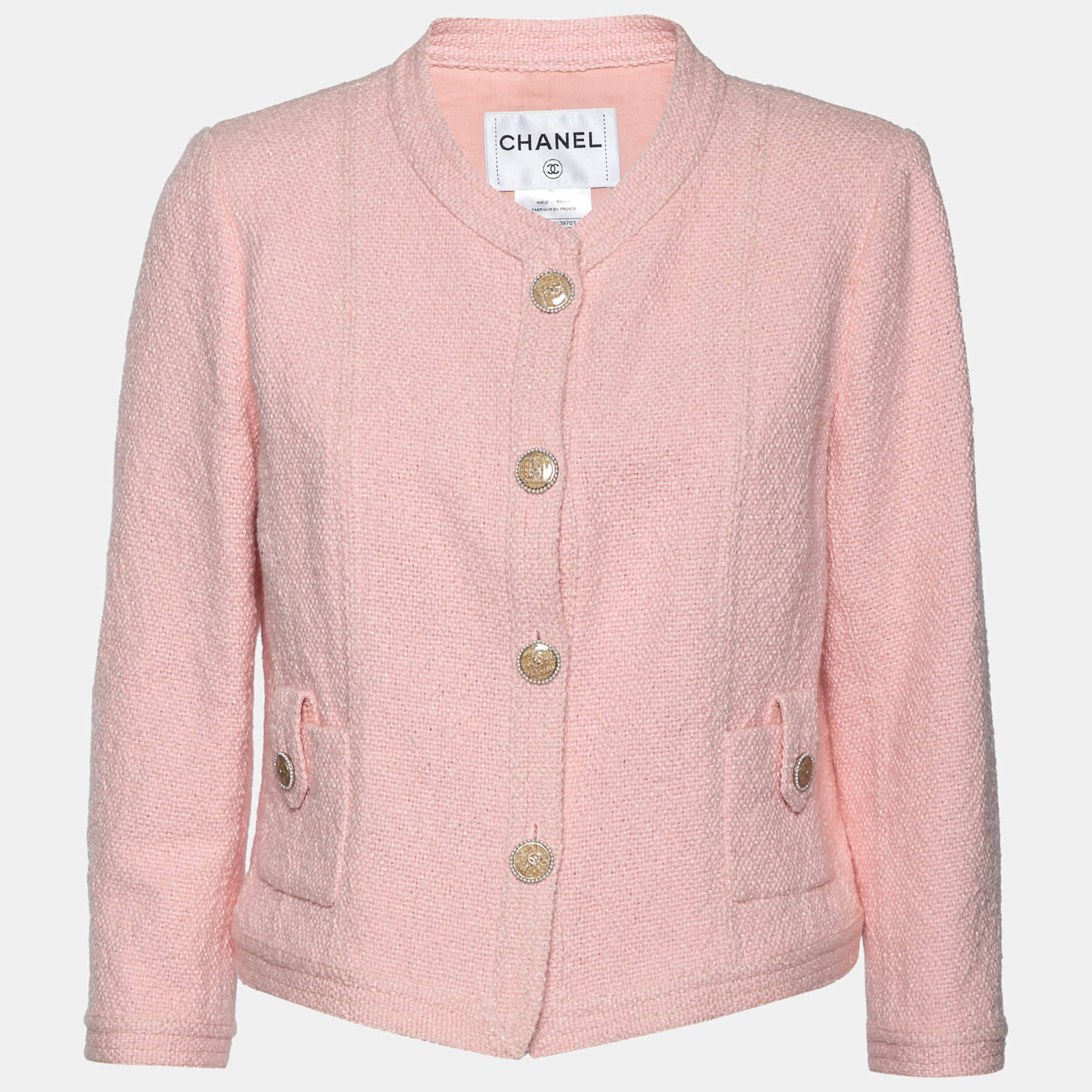 Chanel Pink Tweed Pocket Detail Button Front Jacket L