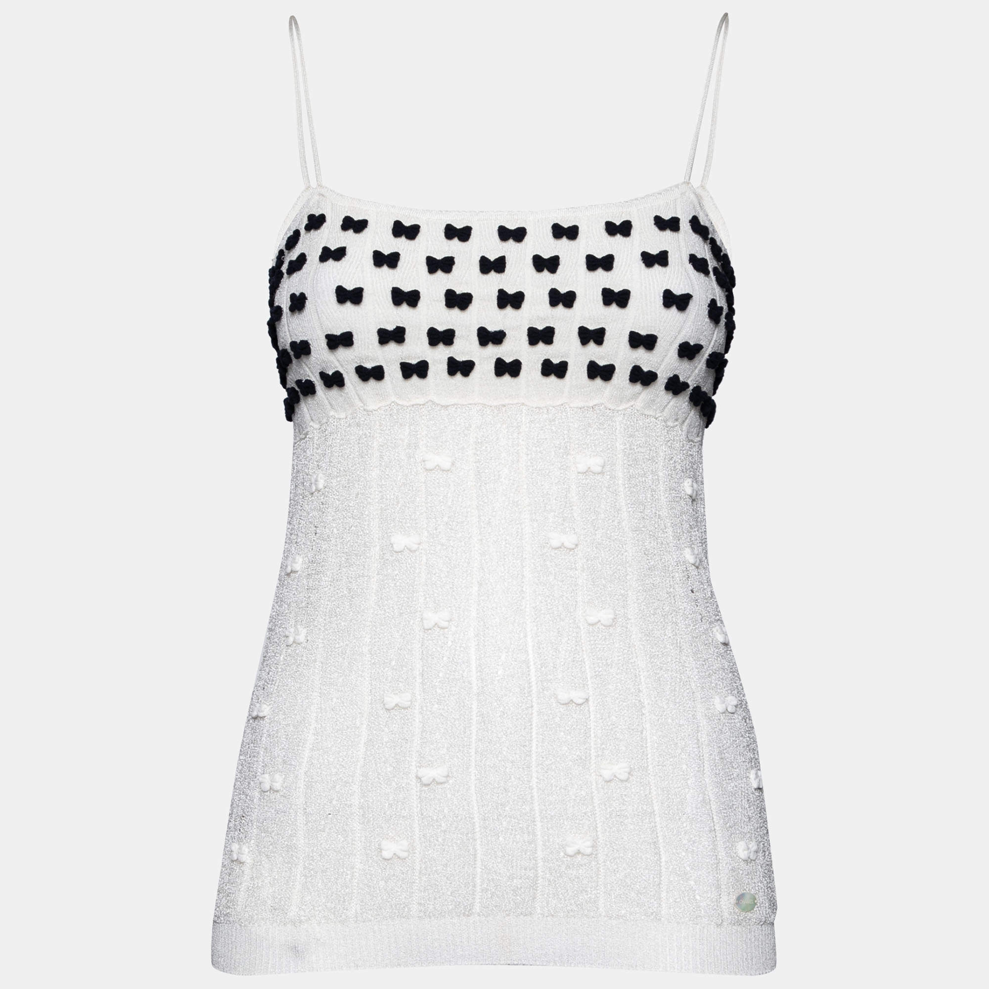 Chanel White Perforated Knit Bow Appliqued Sleeveless Top L