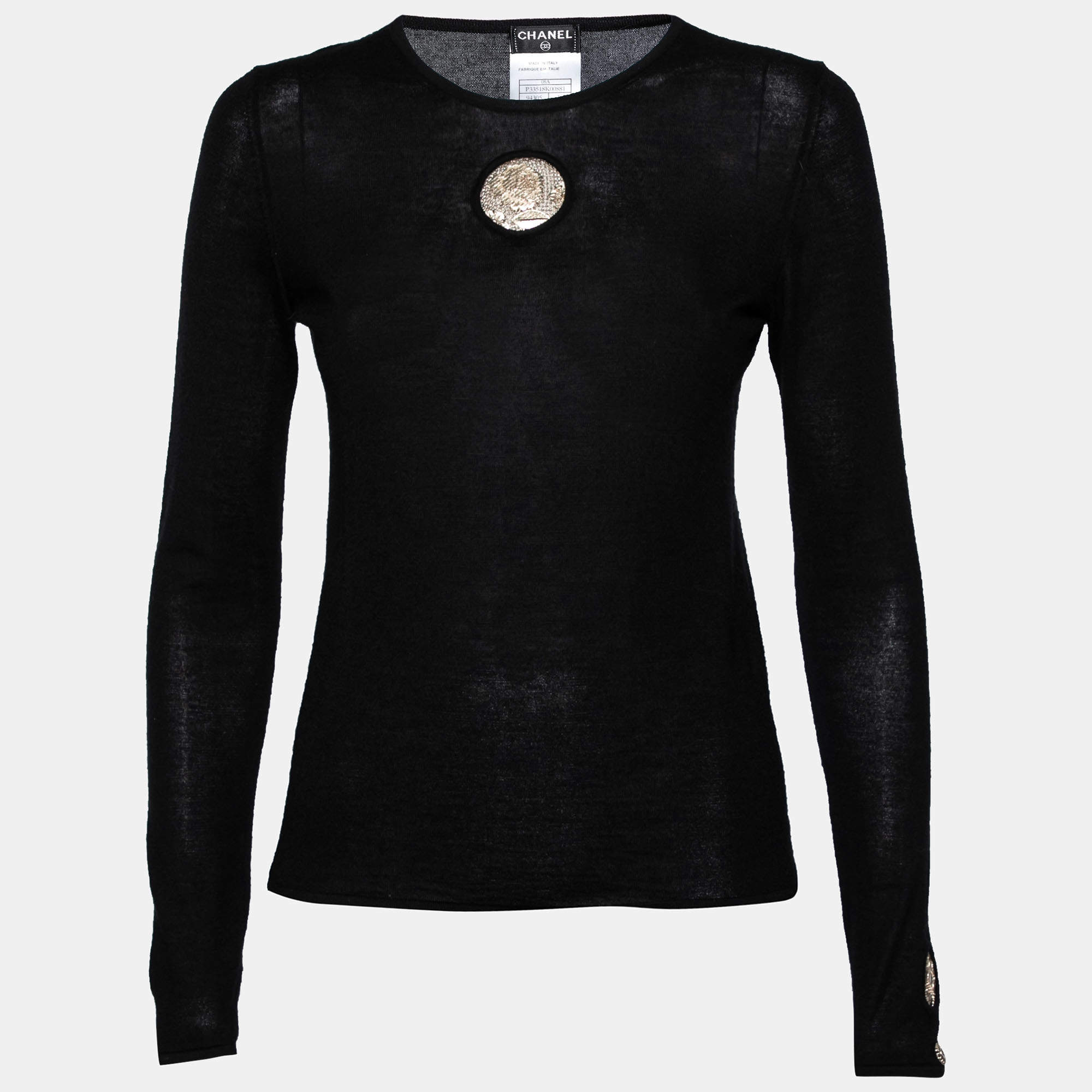 Pre Owned Chanel Black Cashmere Hardware Appliqued Sweater M