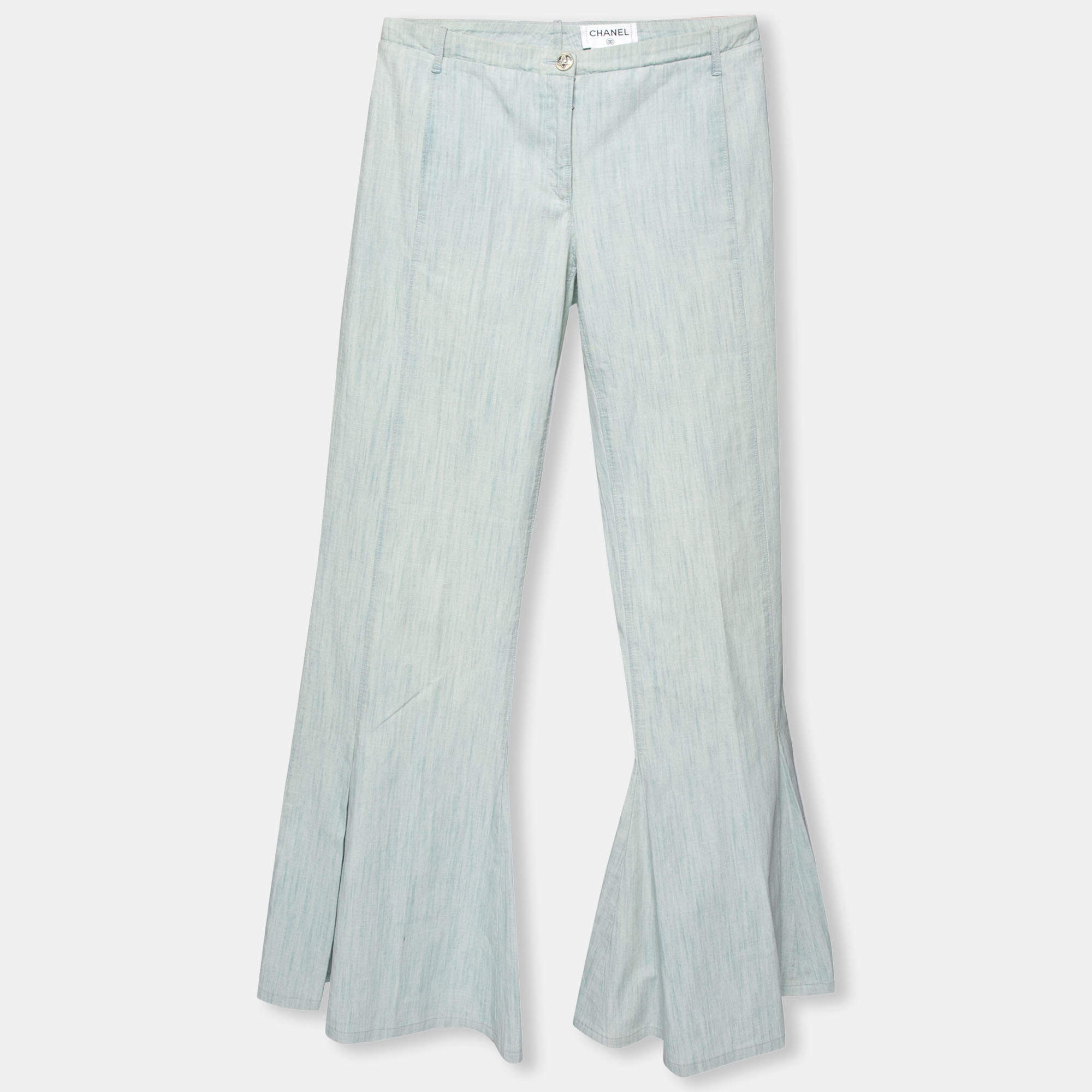 Chanel Blue Cotton Flared Hem Trousers S