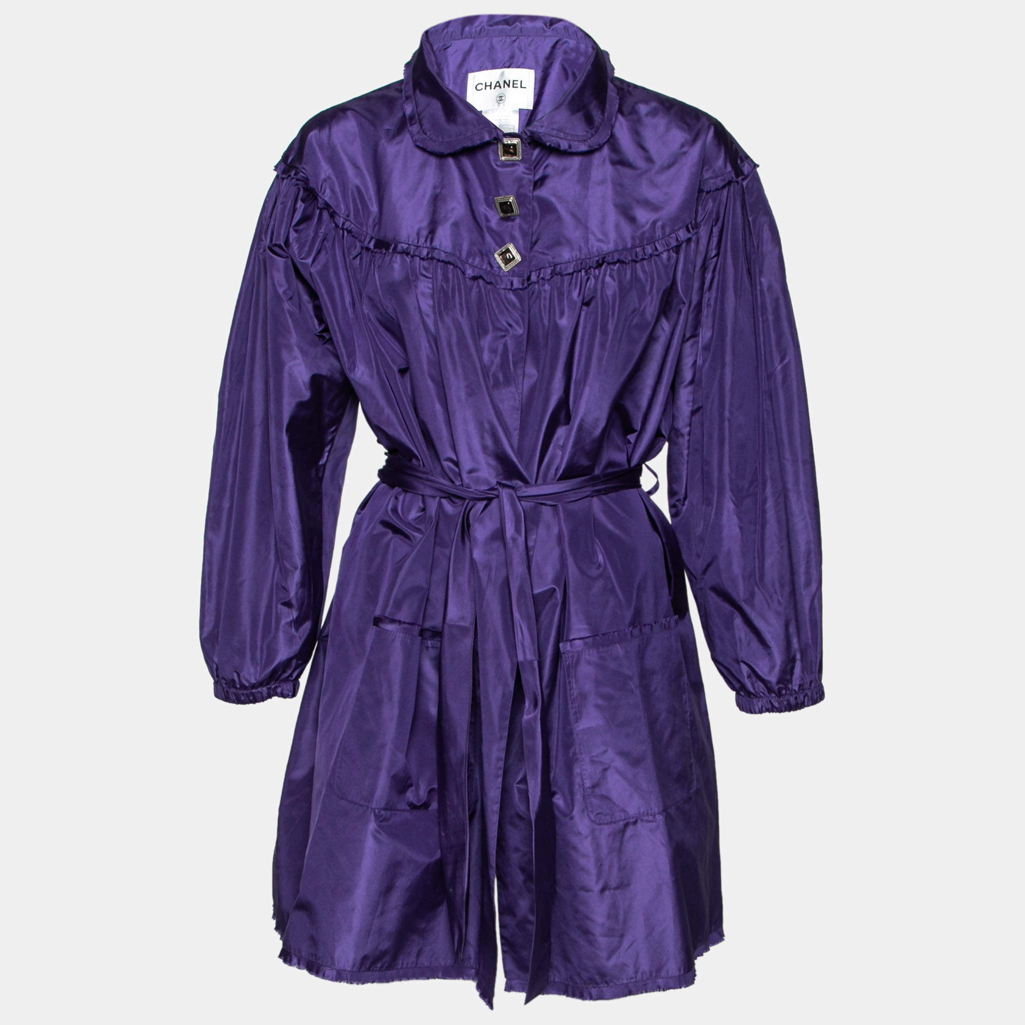Chanel Purple Silk Puffy Ruffle Trimmed Belted Button Front Coat S