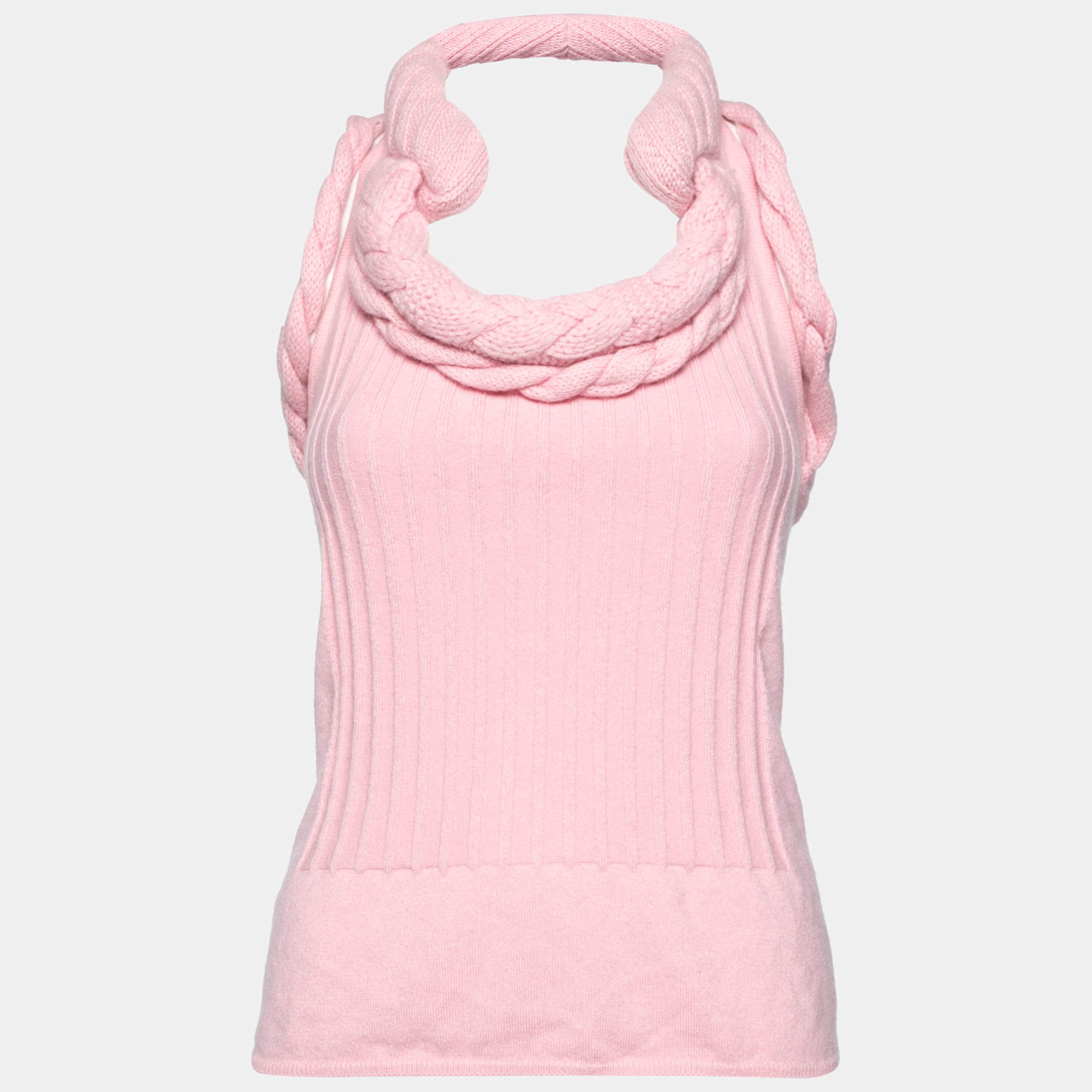 Pre Owned Chanel Pink Cashmere Knitted Detail Sleeveless Top M