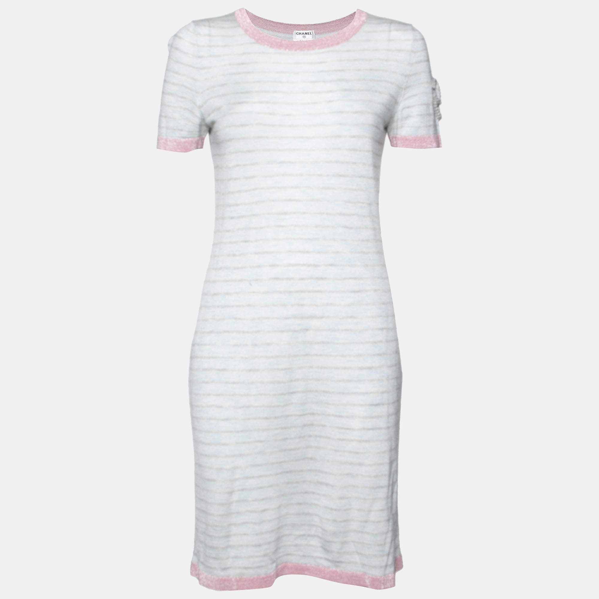 Chanel Pale Blue Striped Cashmere Knit Logo Embroidered Dress L