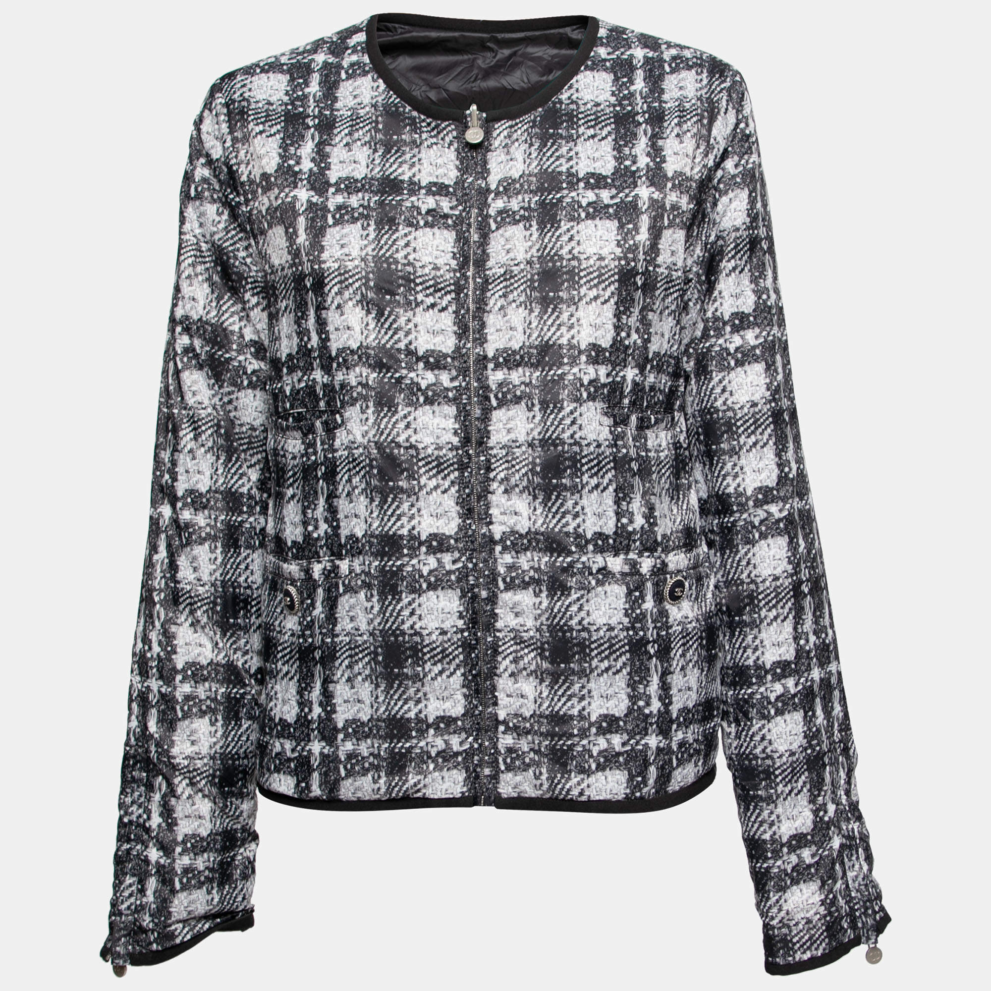Chanel Grey Checked Tweed Print Technical Fabric Reversible Jacket L