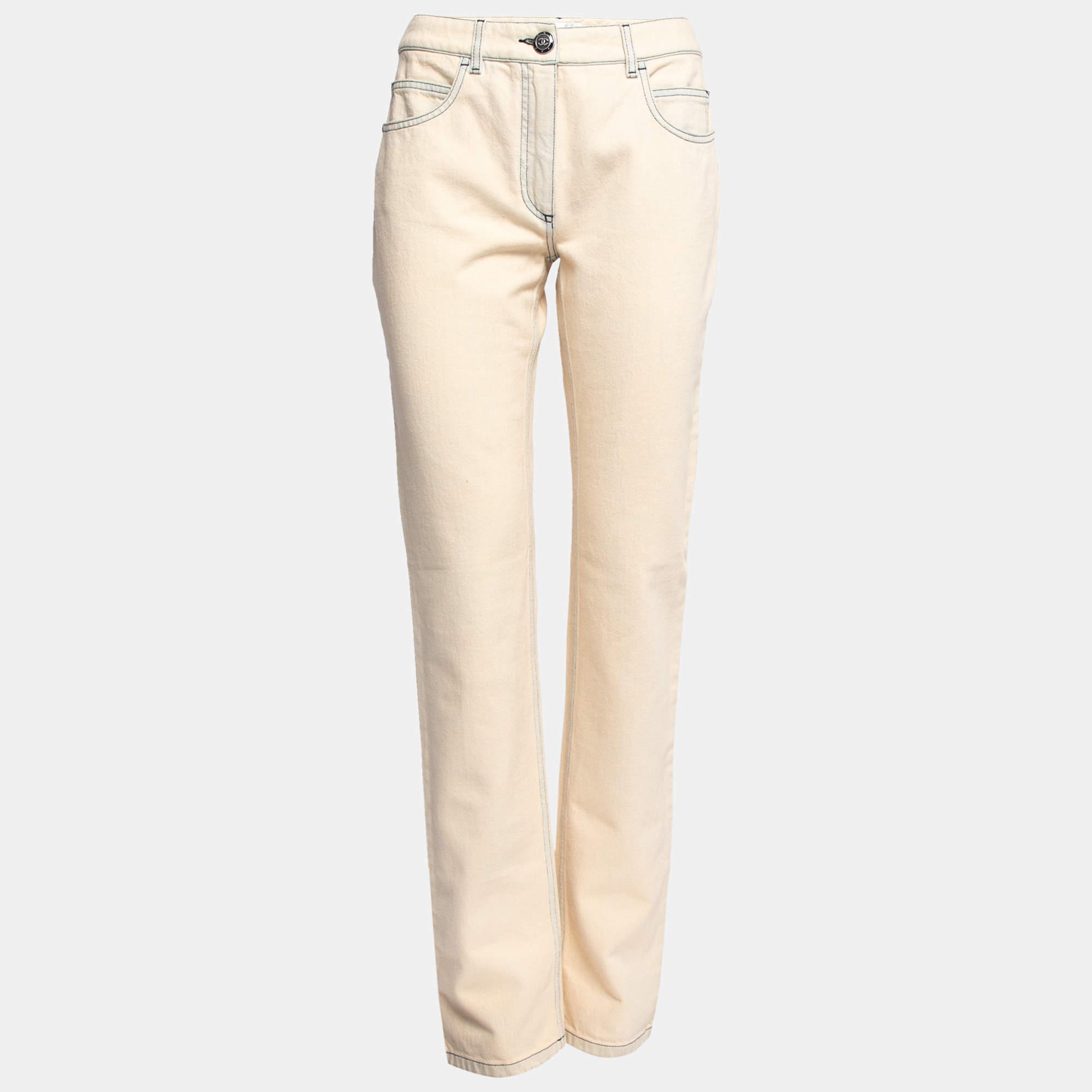 Chanel Cream Denim Embroidered Logo Detail Straight Leg Jeans M