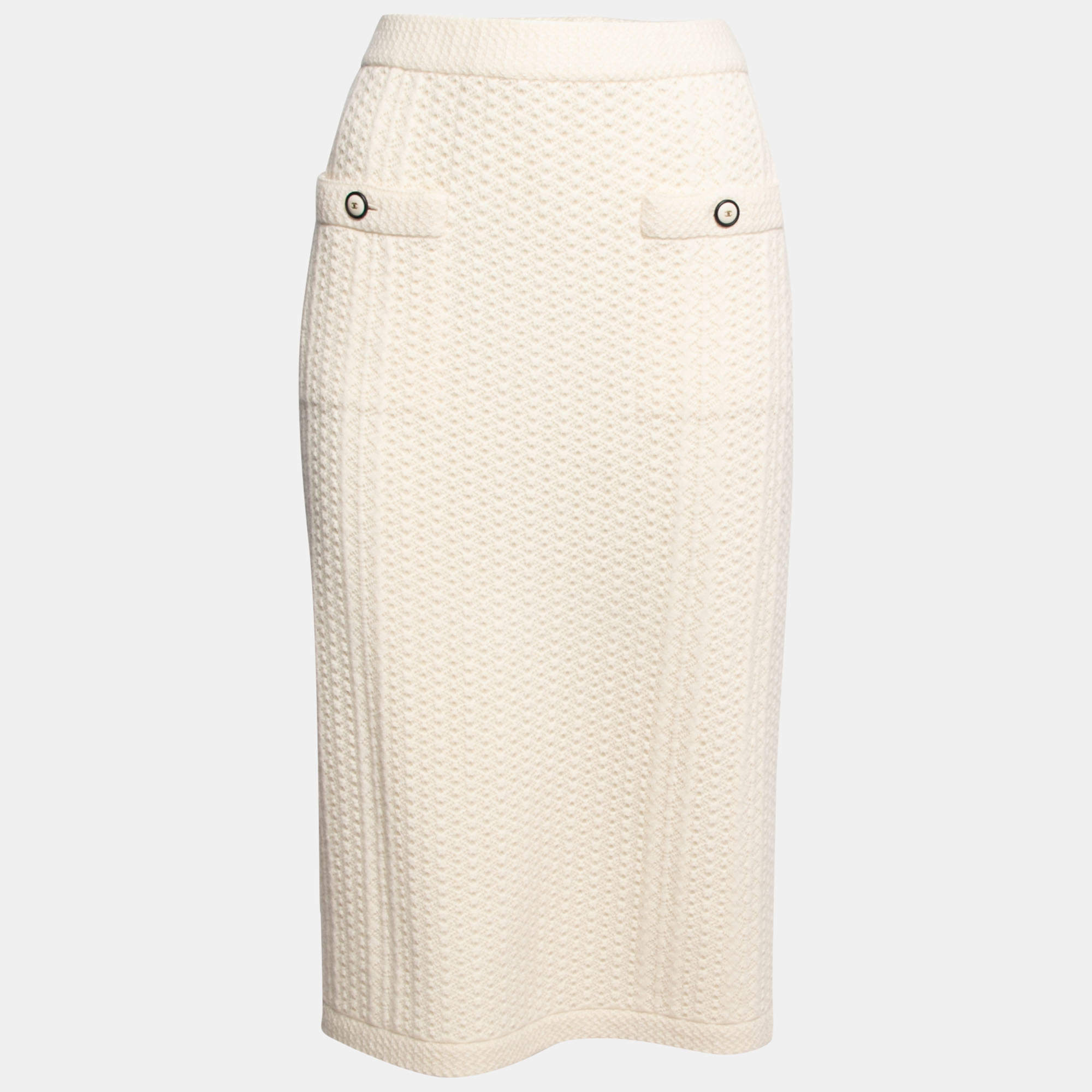 Chanel Cream Patterned Cashmere Pocket Detailed Skirt L