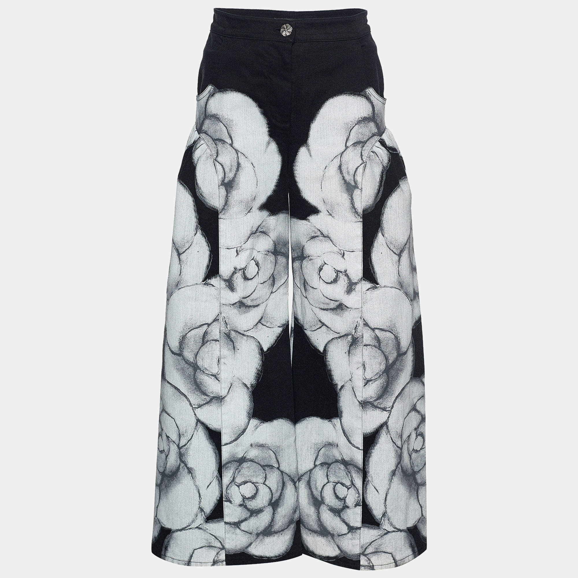 Chanel Black Camellia Print Denim High Waist Flared Jeans