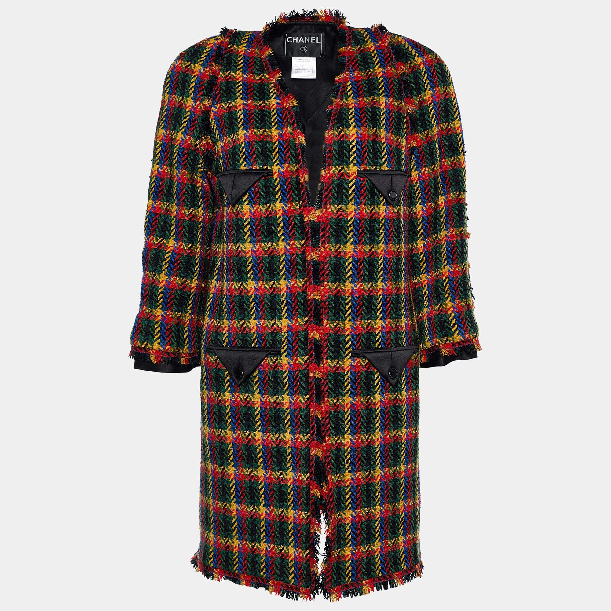 مملوكة مسبقًا معطف شانيل صوف نمط متعدد الألوان فينتدج مفتوح من الأمام بشراشيب مقاس كبير ( لارج )