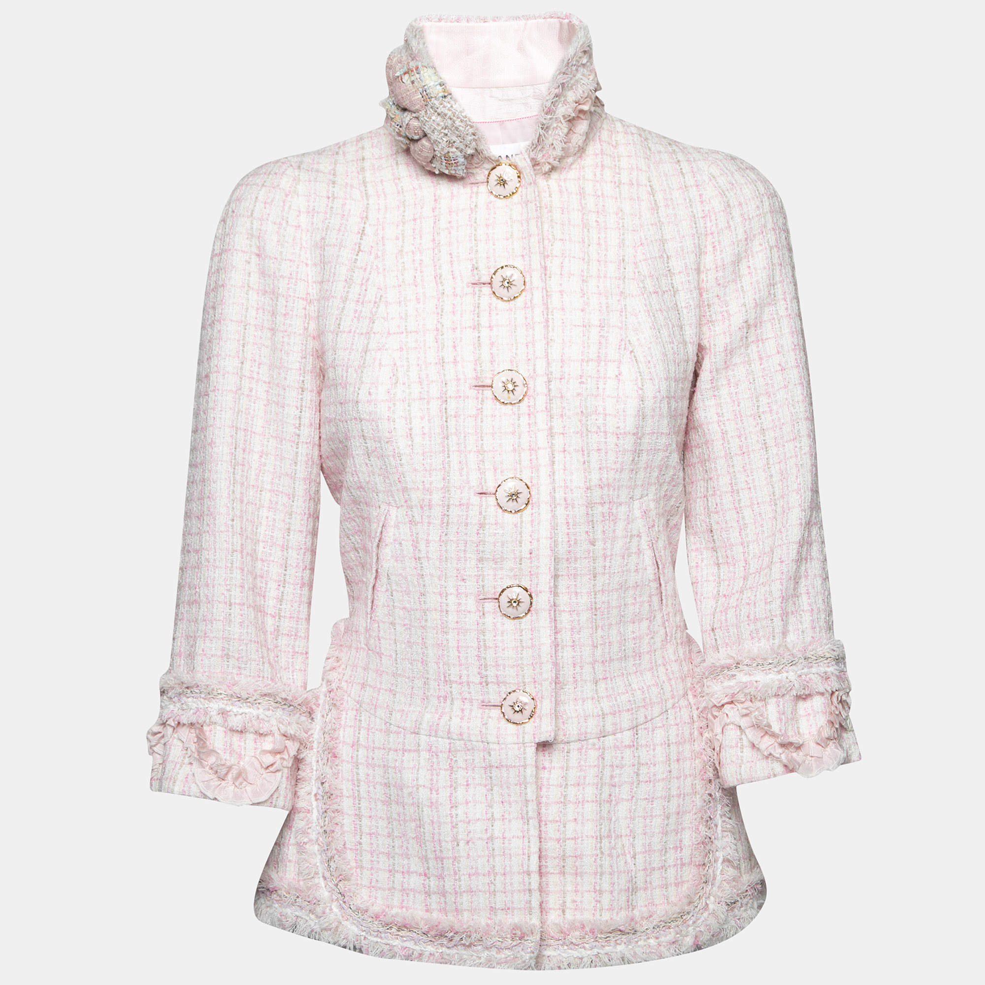Chanel Pink Tweed Floral Brooch Detail Button Front Jacket M