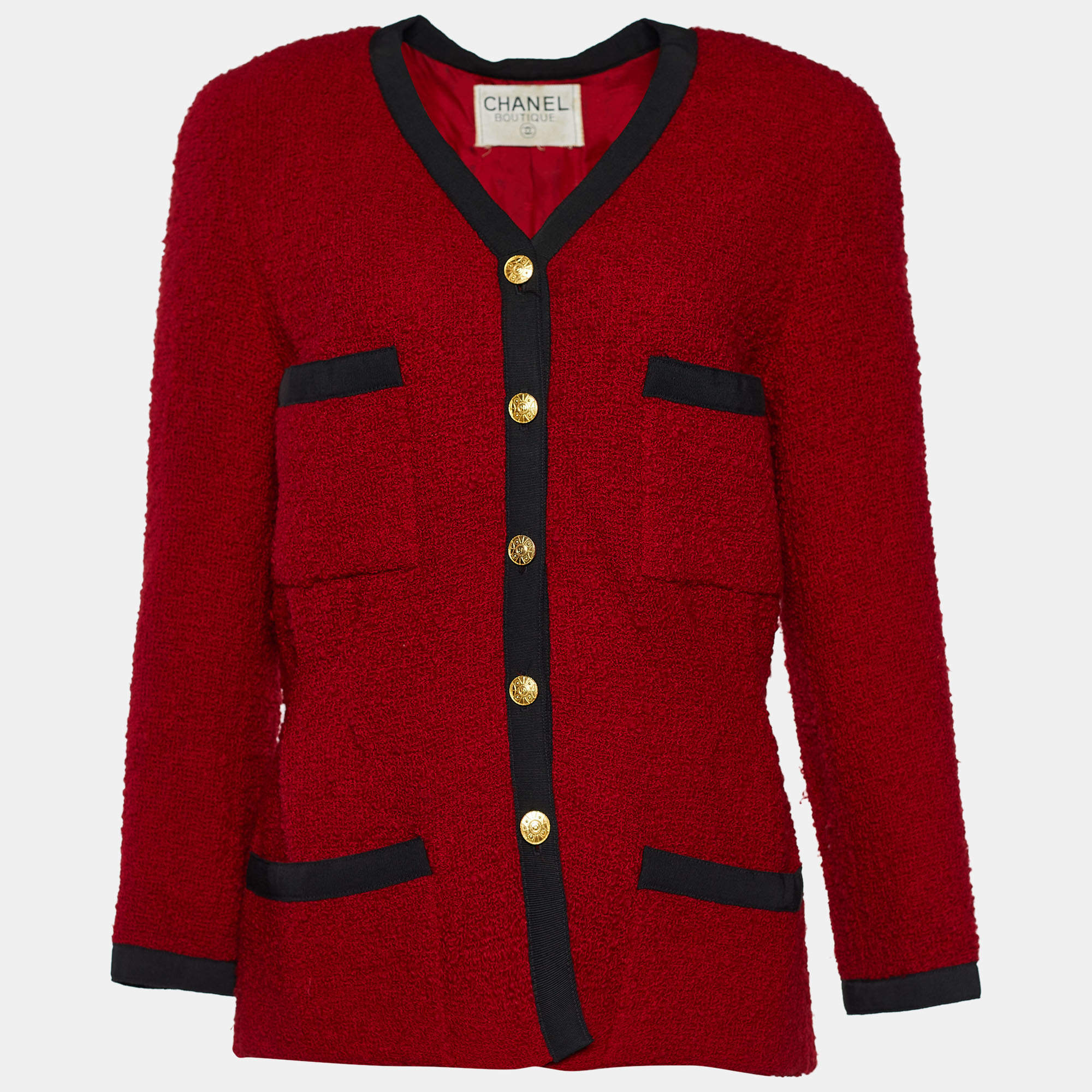 Chanel Red Tweed Button Front Jacket M