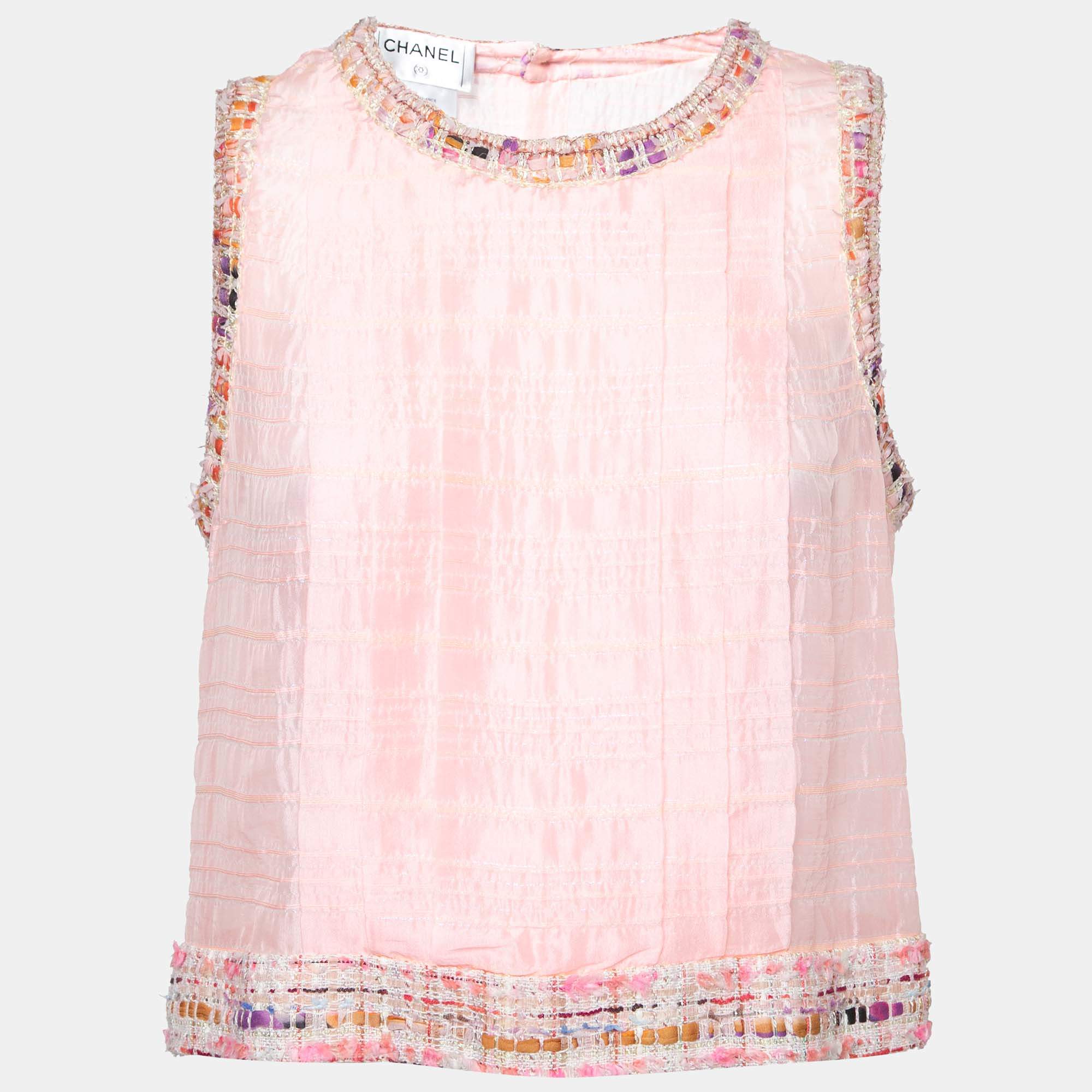 مملوكة مسبقًا Chanel Pink Lurex Cotton & Tweed Trimmed Sleeveless Top L