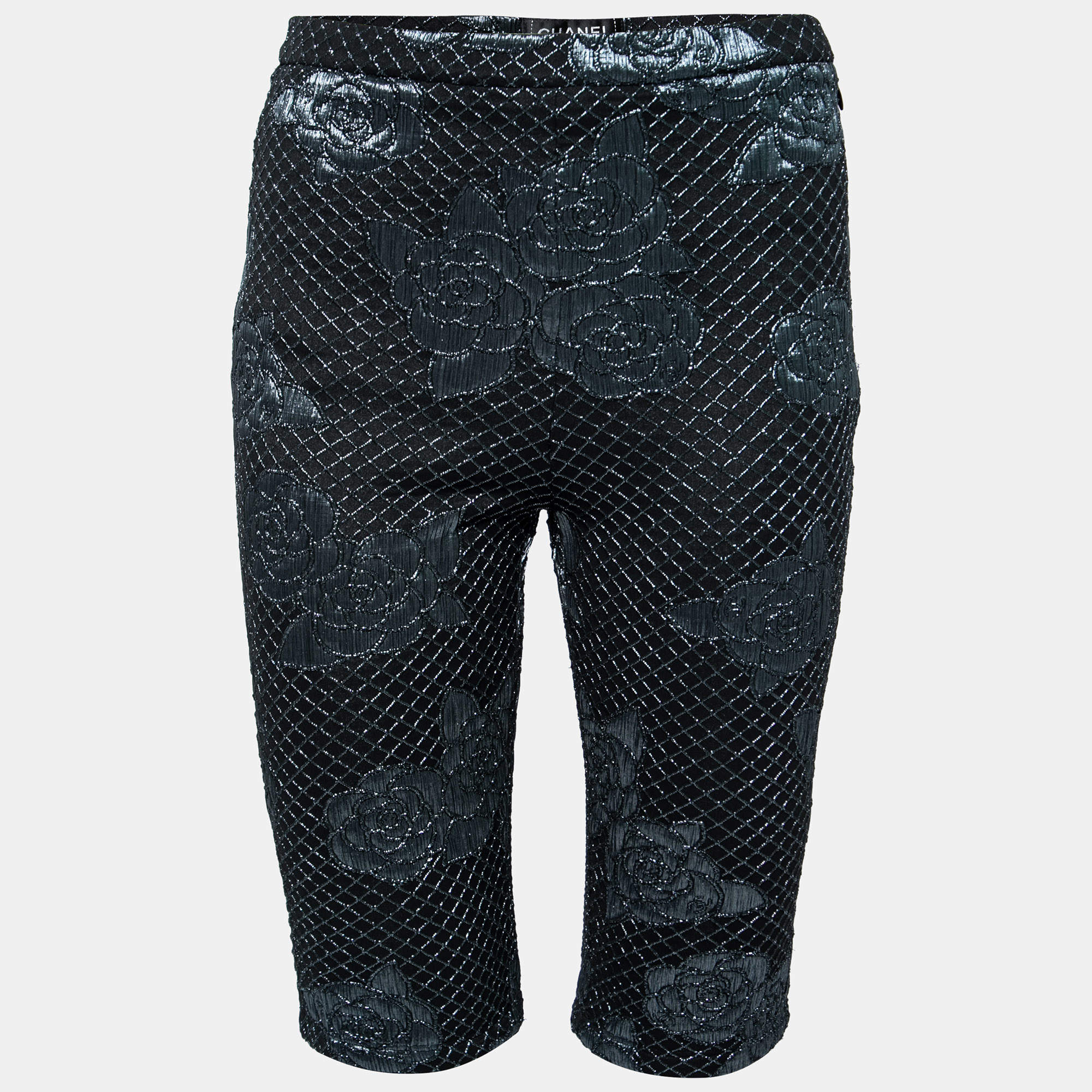 Pre Owned Chanel Navy Blue Stretch Jersey Camellia Embroidered Shorts L