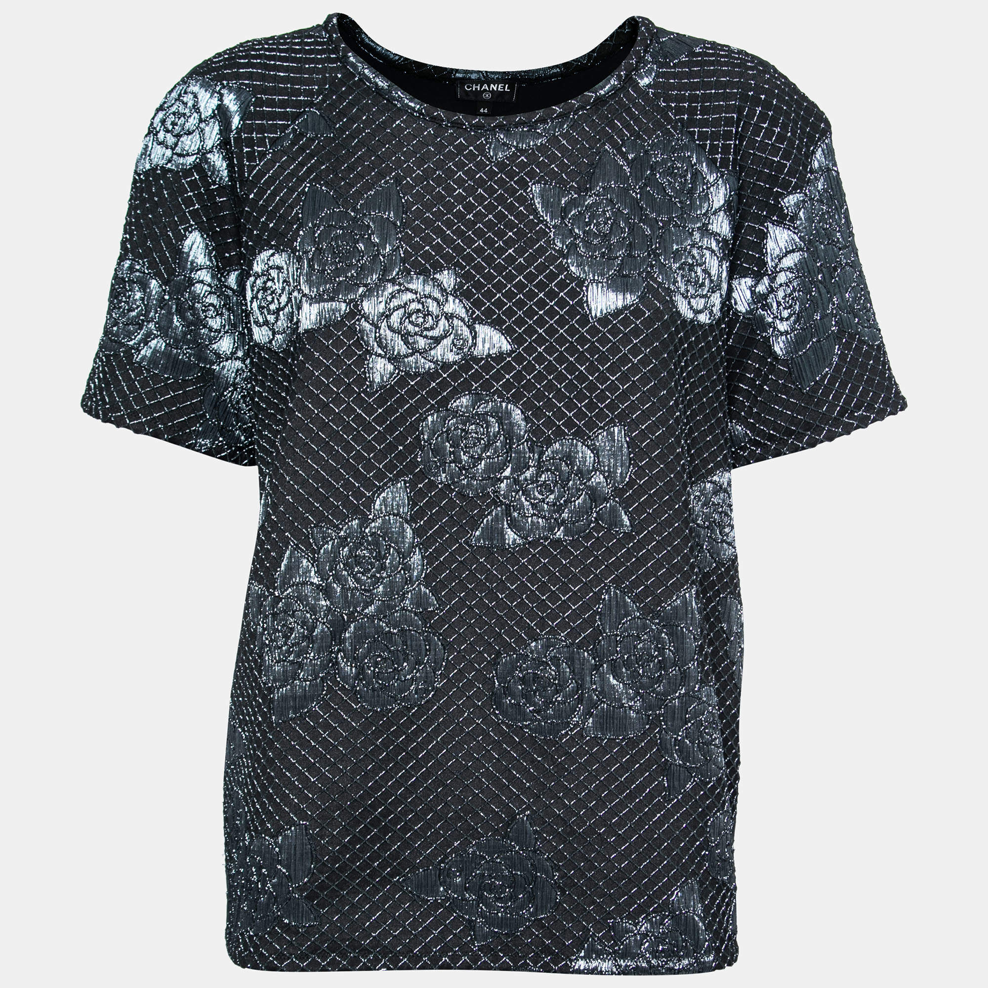 Chanel Navy Blue Stretch Jersey Camellia Embroidered Blouse L