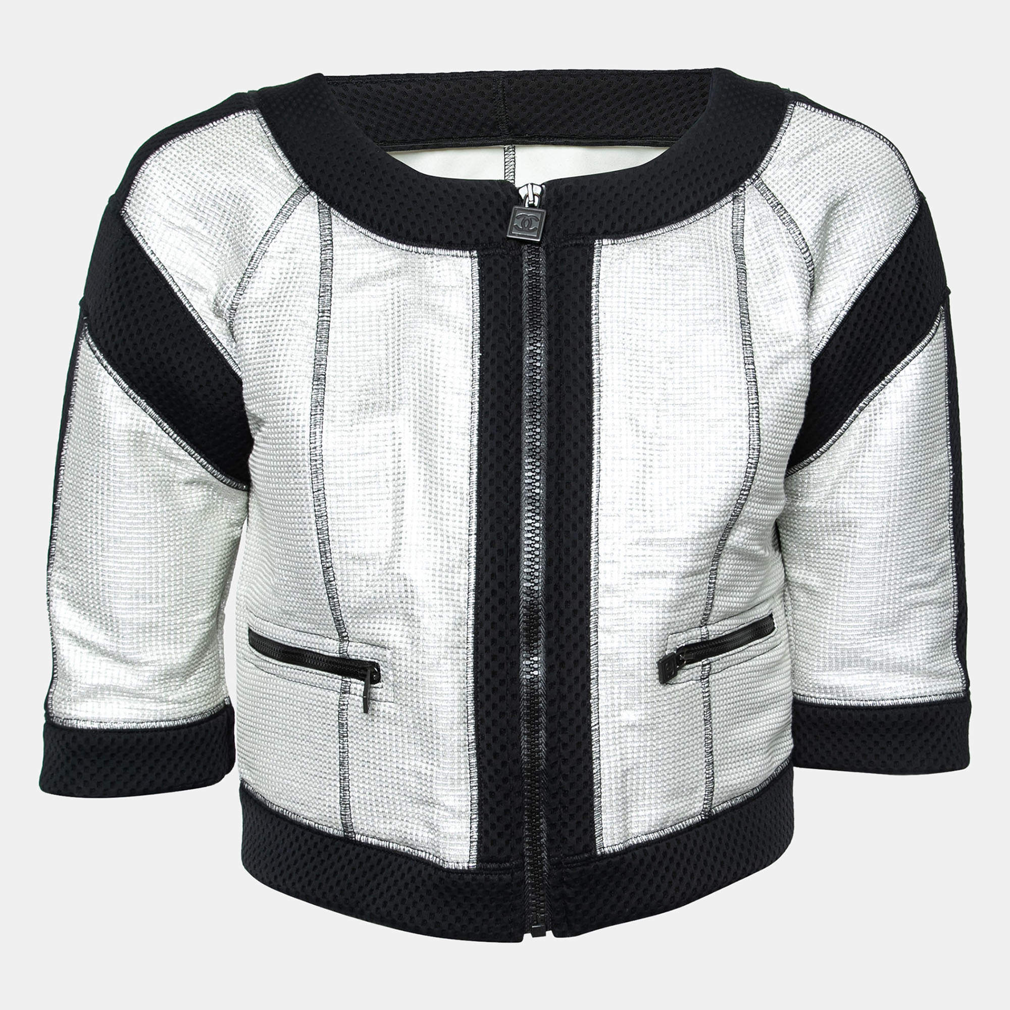 Chanel Silver Neoprene & Mesh Trim Zip Front Cropped Jacket M