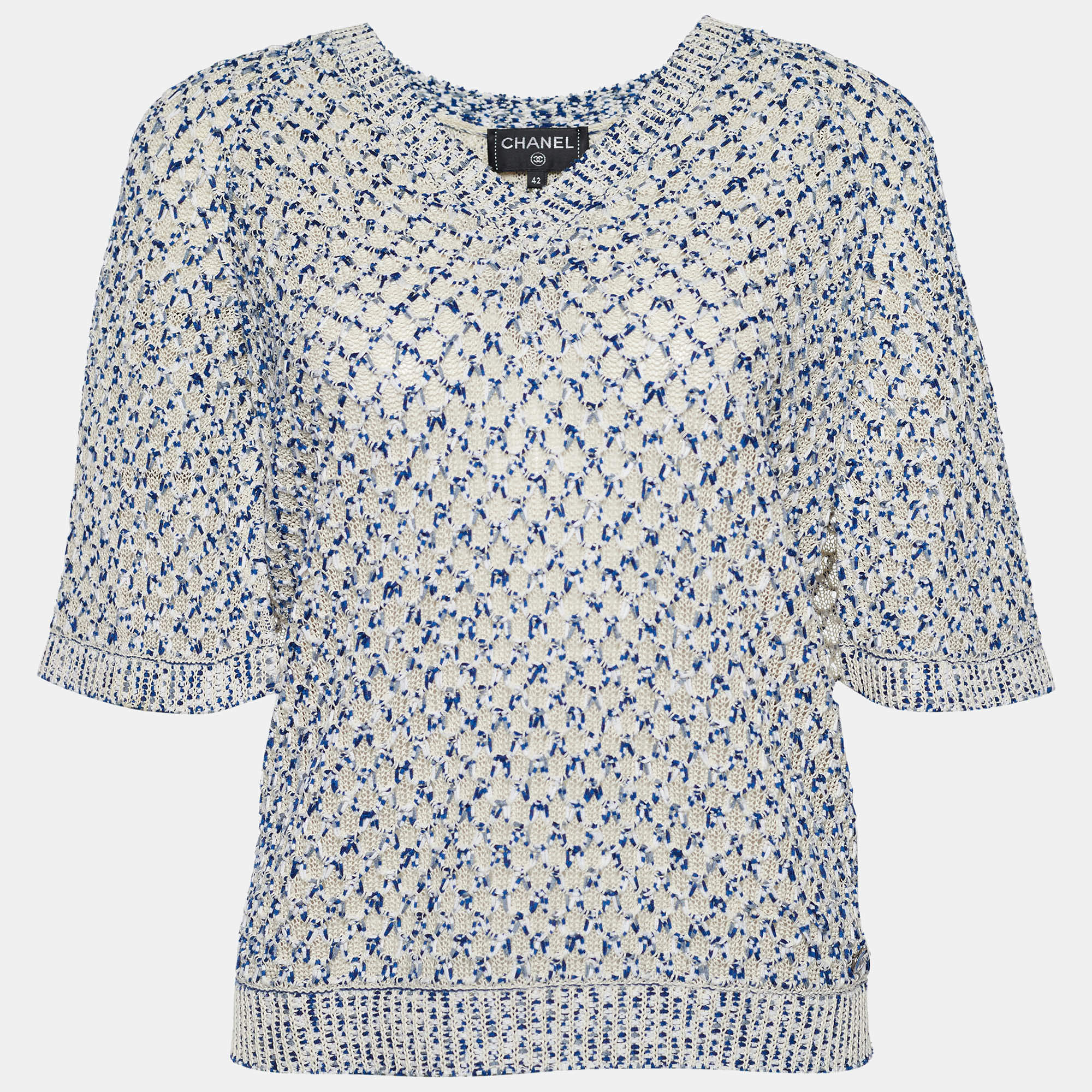 مملوكة مسبقًا Chanel Blue & Ivory Silk Cotton Knit Cape Detail V-Neck Top M