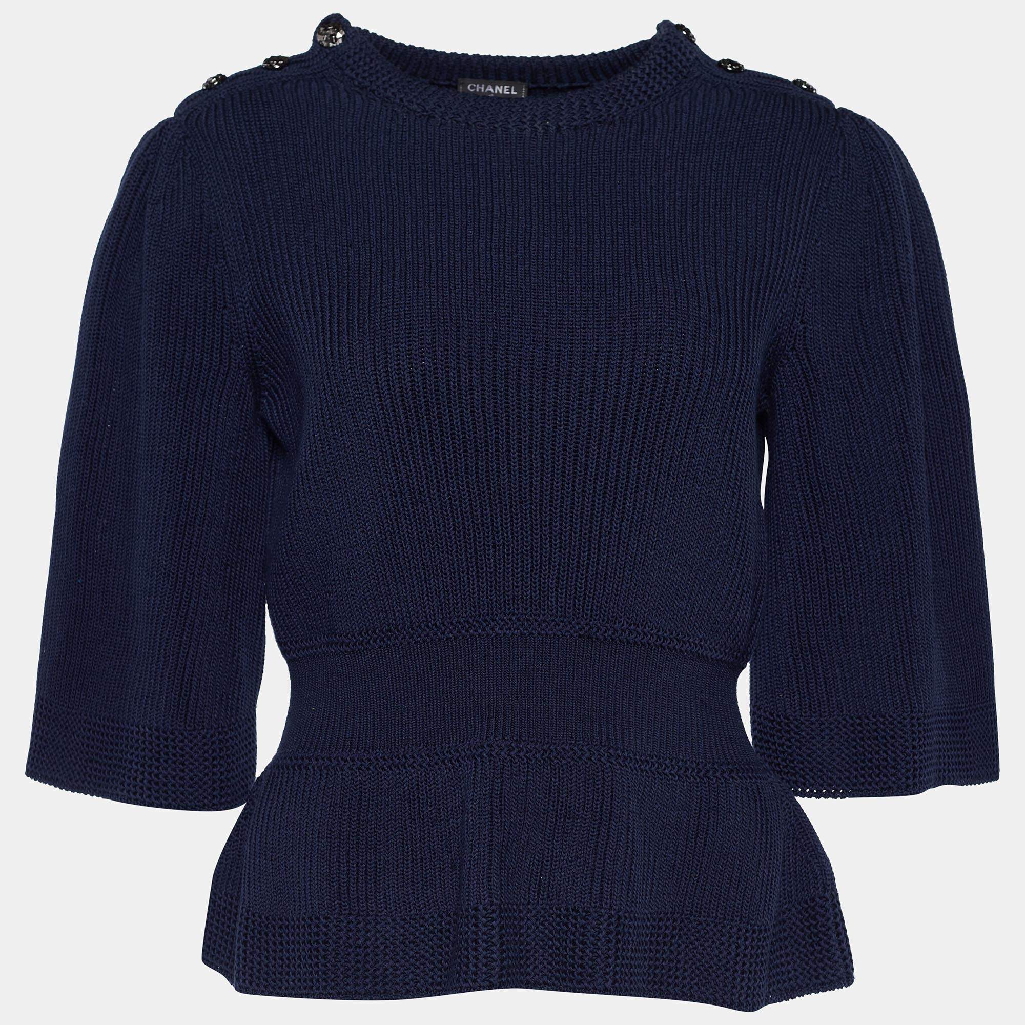 Chanel Navy Blue Cotton Rib Knit Button Detail Peplum Sweater L