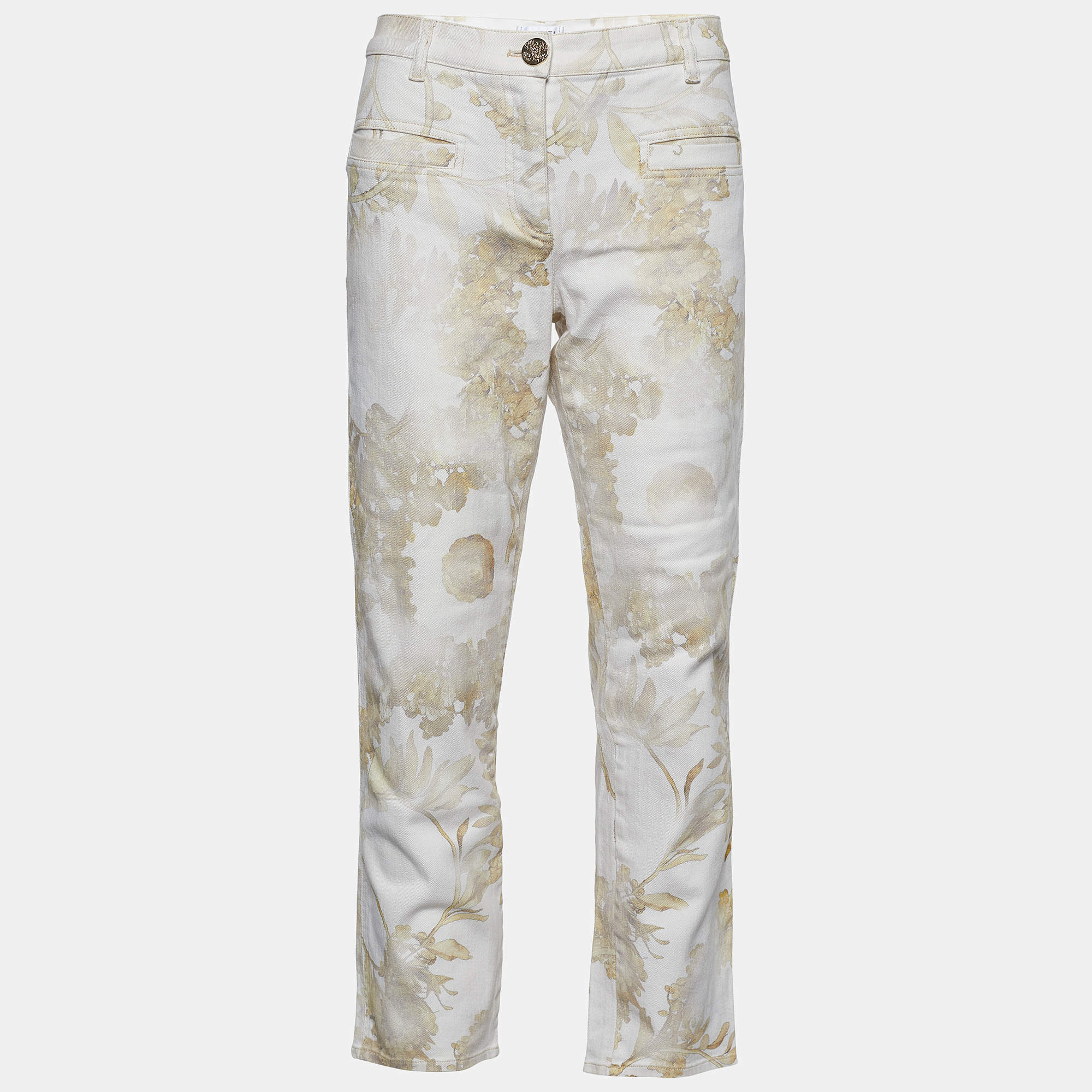 Pre Owned Chanel White Faded Grecian Print Denim Cropped Jeans L