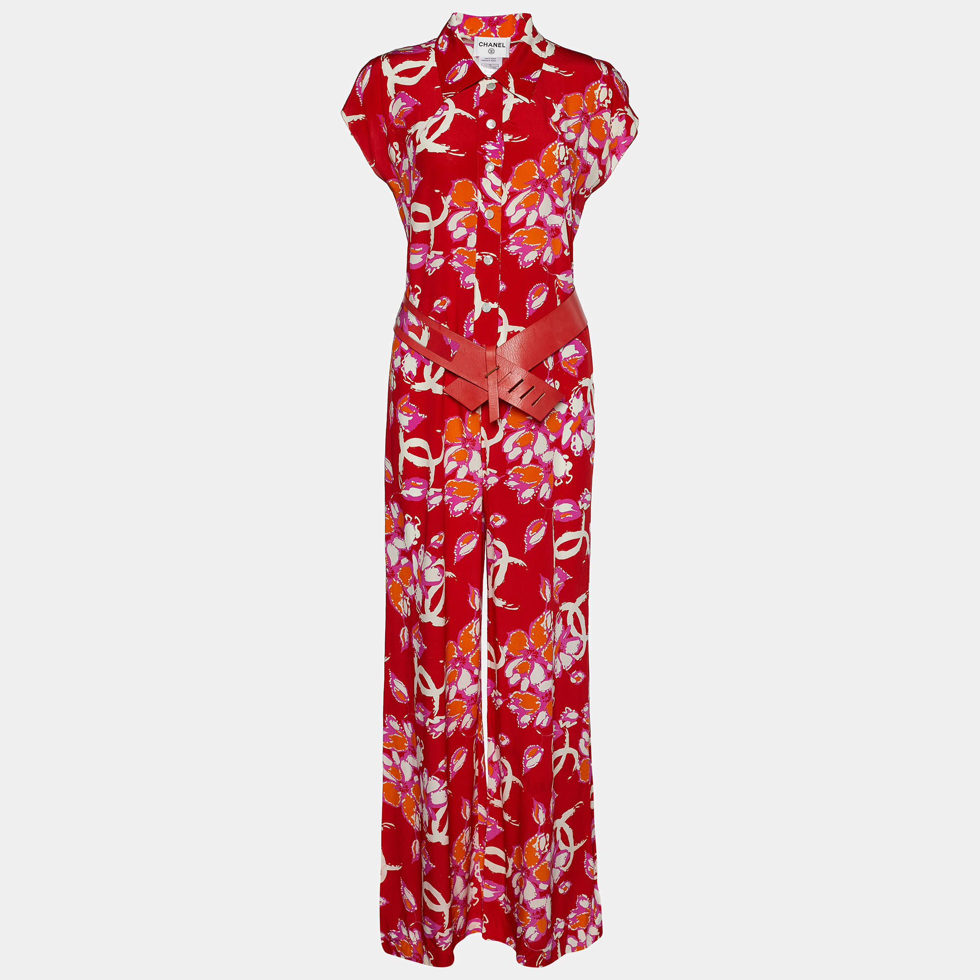 Chanel Red CC Floral Printed Silk Belted Jumpsuit M