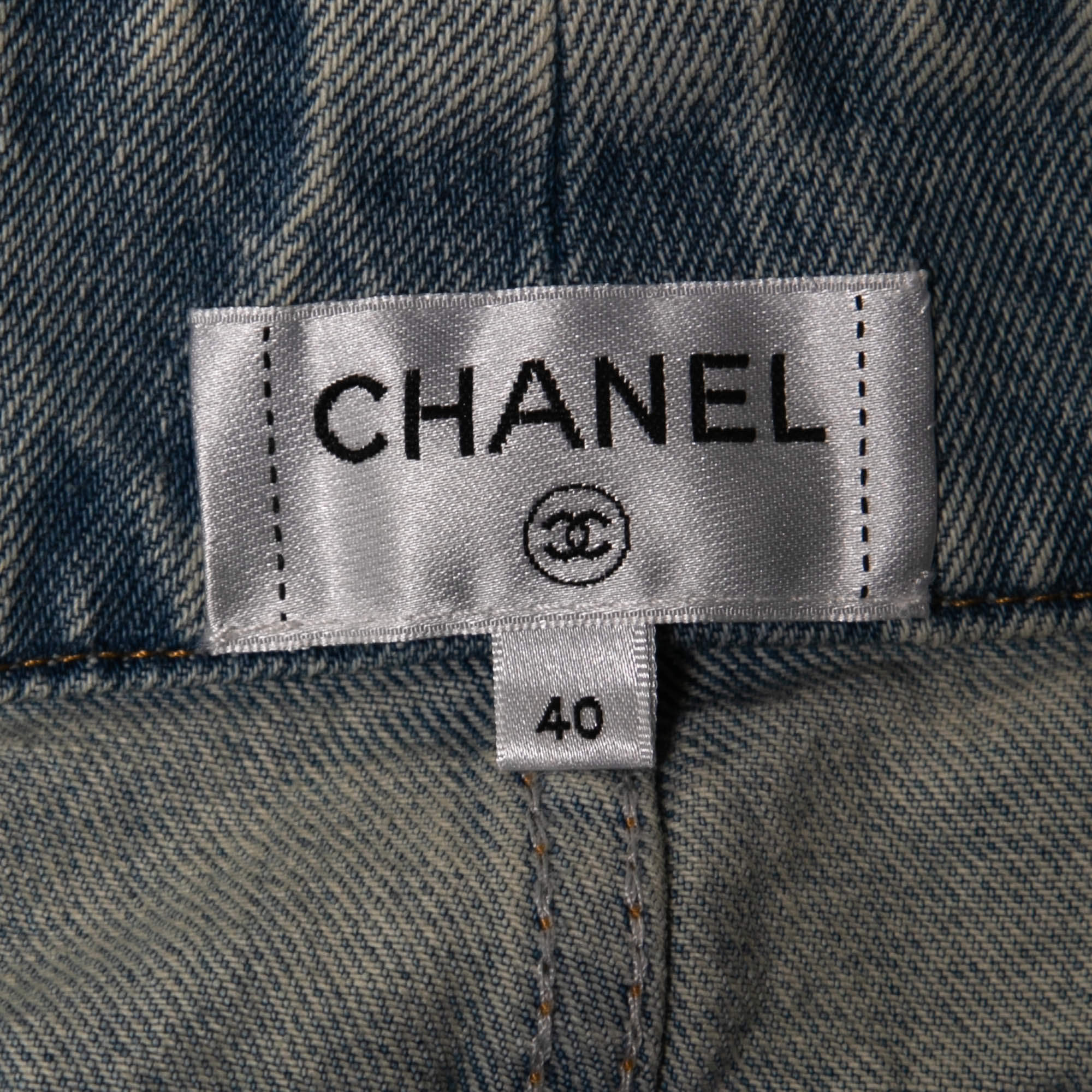 Chanel Light Blue Denim Floral Insert Flared Jeans M Waist 28 Chanel