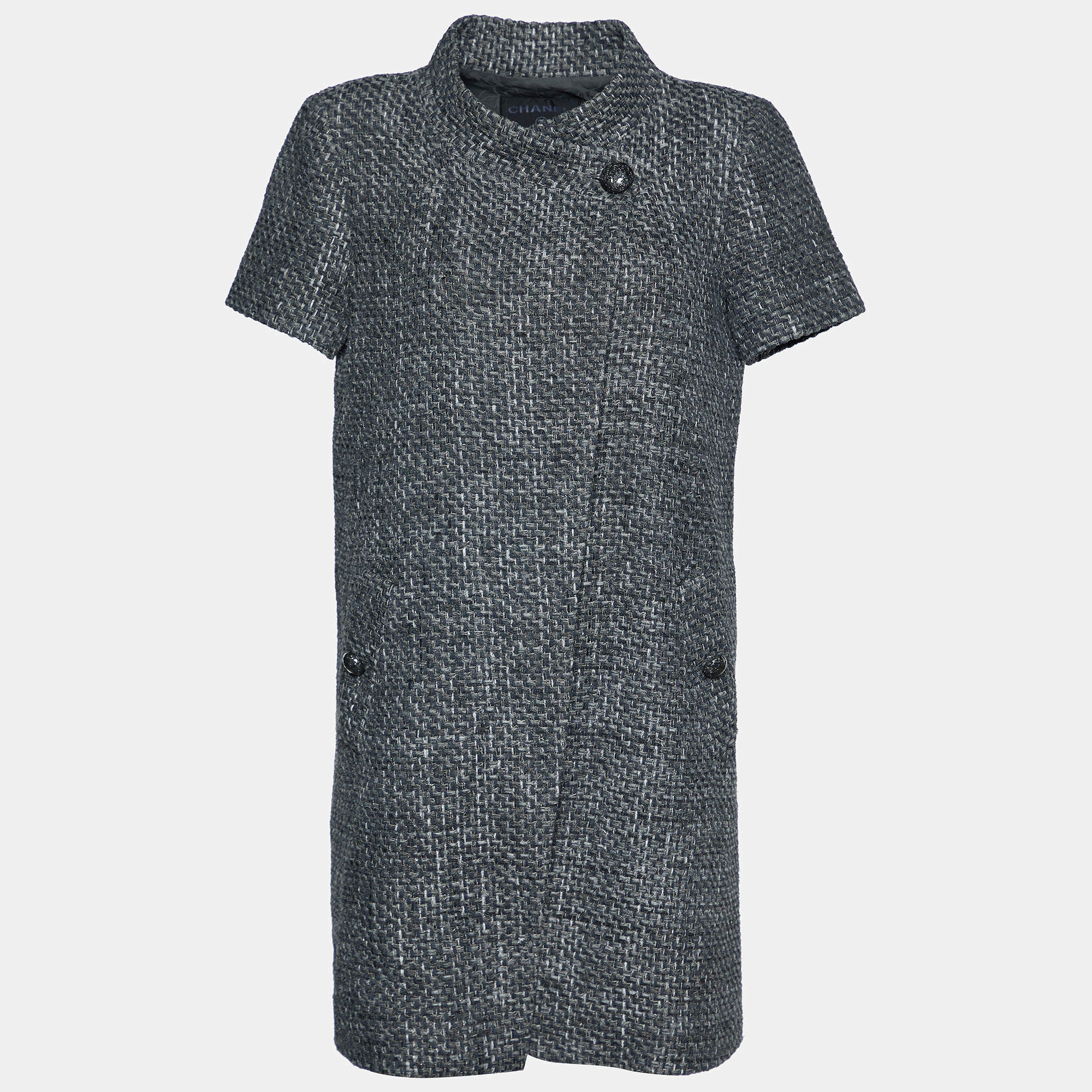Chanel Grey Textured Double Breasted Short Sleeve Coat M