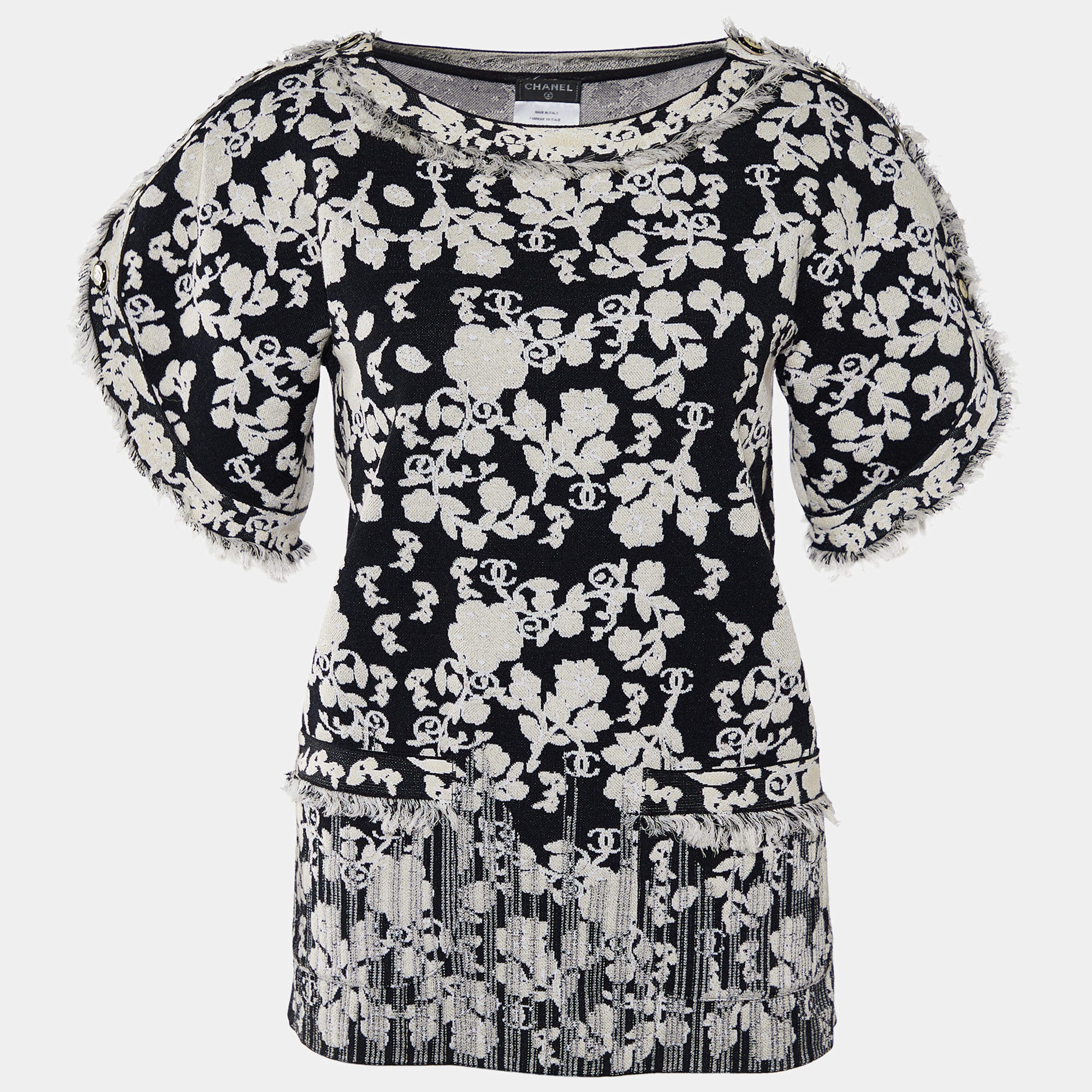 Pre Owned Chanel Black Logo jacquard Knit Distressed Detail Top S