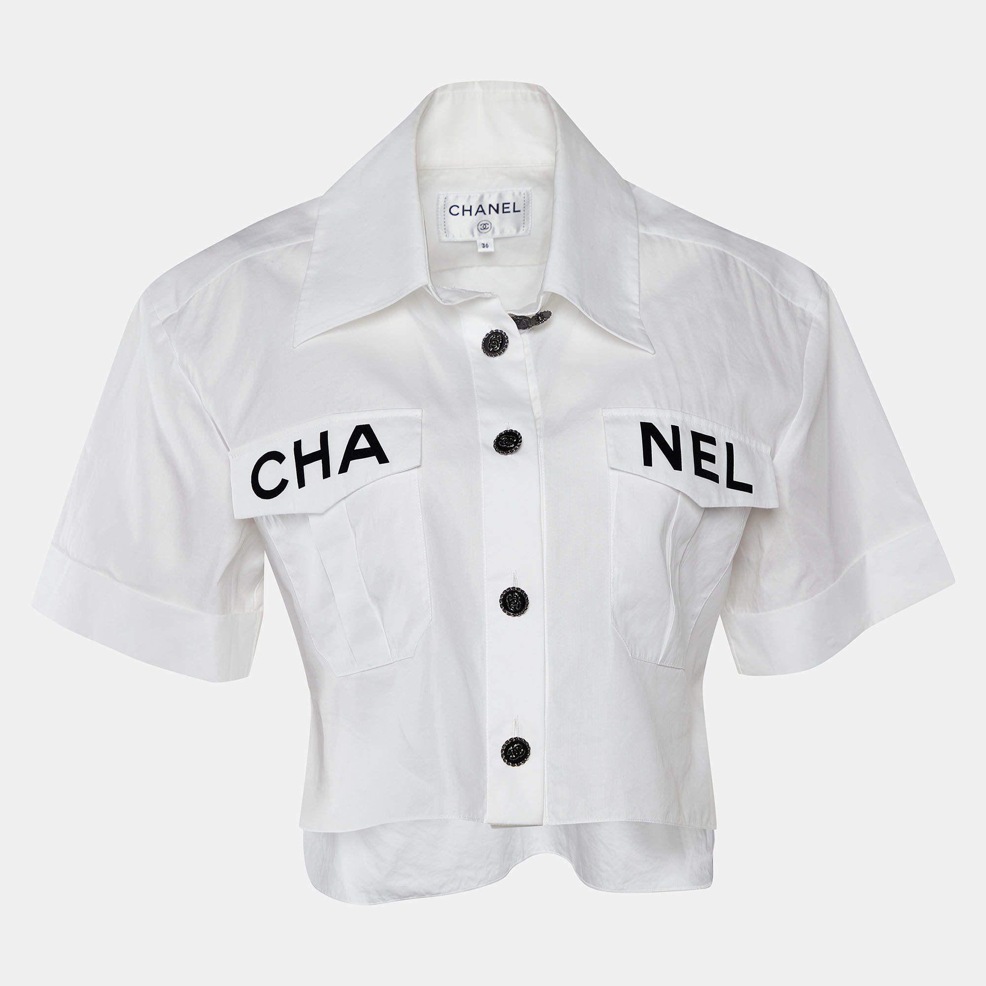 Chanel White Logo Printed Cotton Button Front Cropped Shirt S