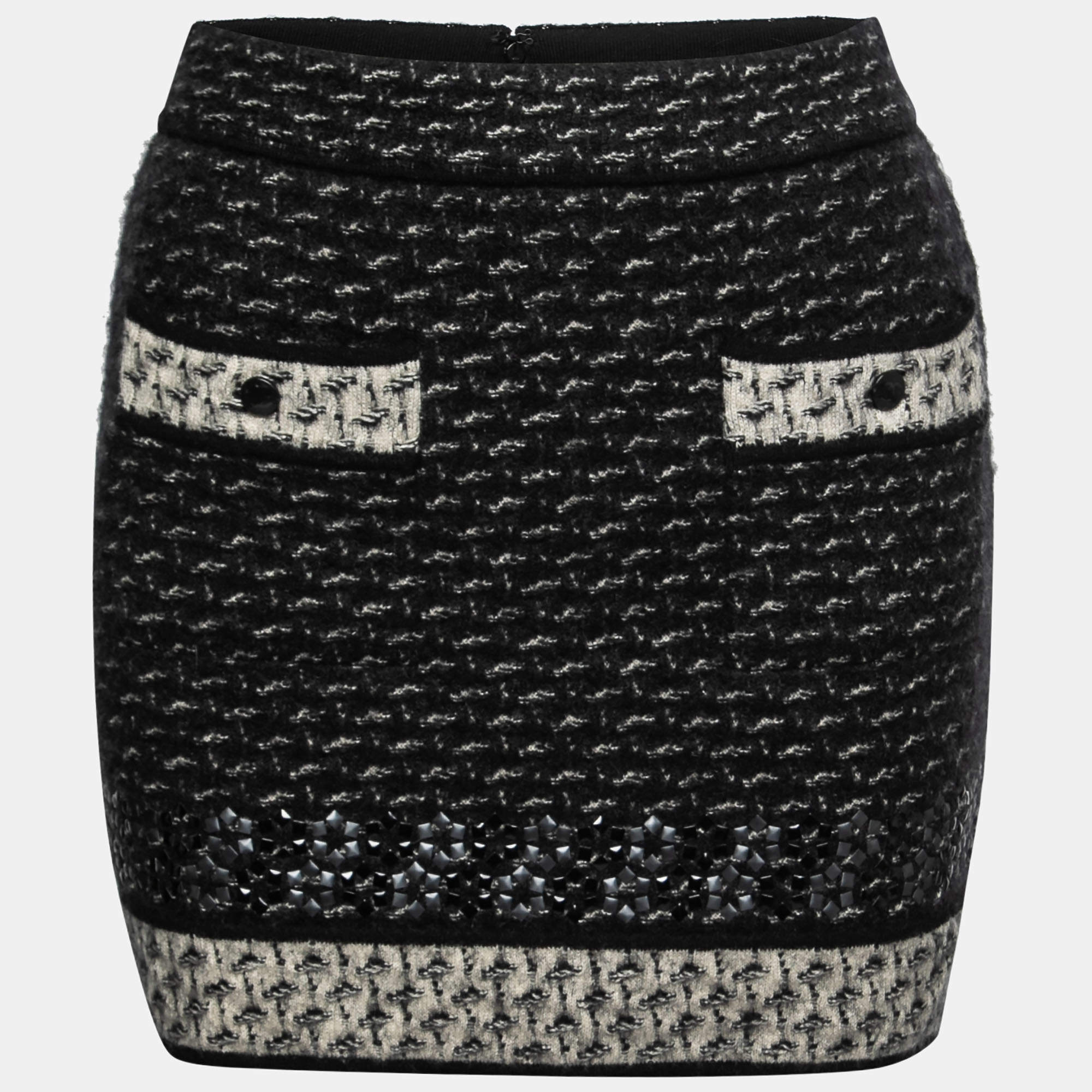 مملوكة مسبقًا Chanel Black Mohair & Cashmere Patterned Knit Mini Skirt S