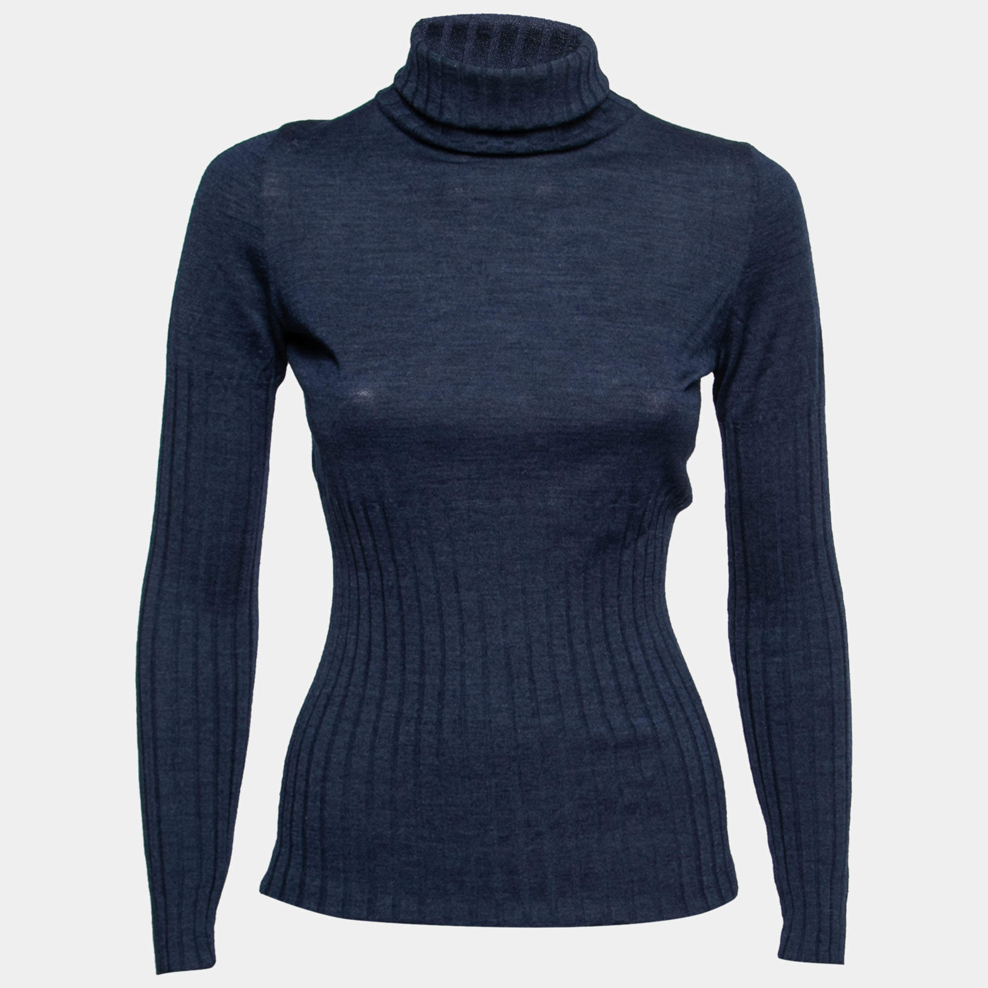 Chanel Blue Wool Ribbed Knit Turtleneck Sweater M