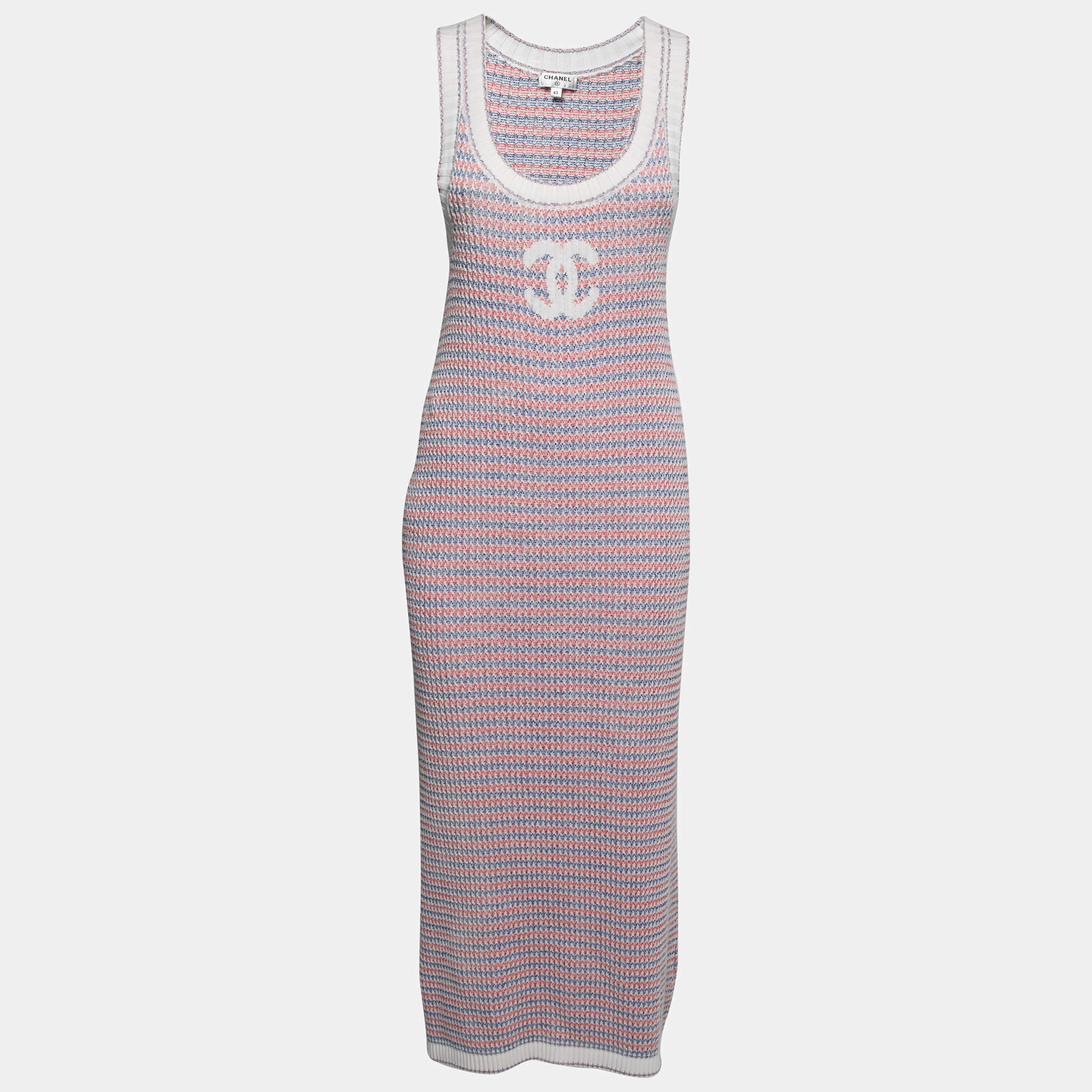 Pre Owned Chanel Red & Blue Logo Patterned Knit Midi Dress L